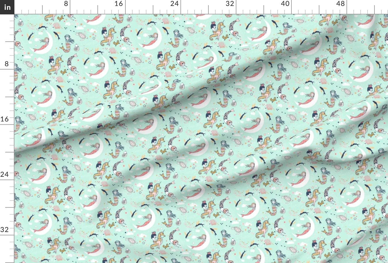 Mermaid Lullaby Mint Navy Coral Gold Printed Minky Fabric Fat Quarter - Soft Plush Fabric for Baby Blankets, Quilt Backing & Sewing Projects - Underwater Theme Nursery Decor