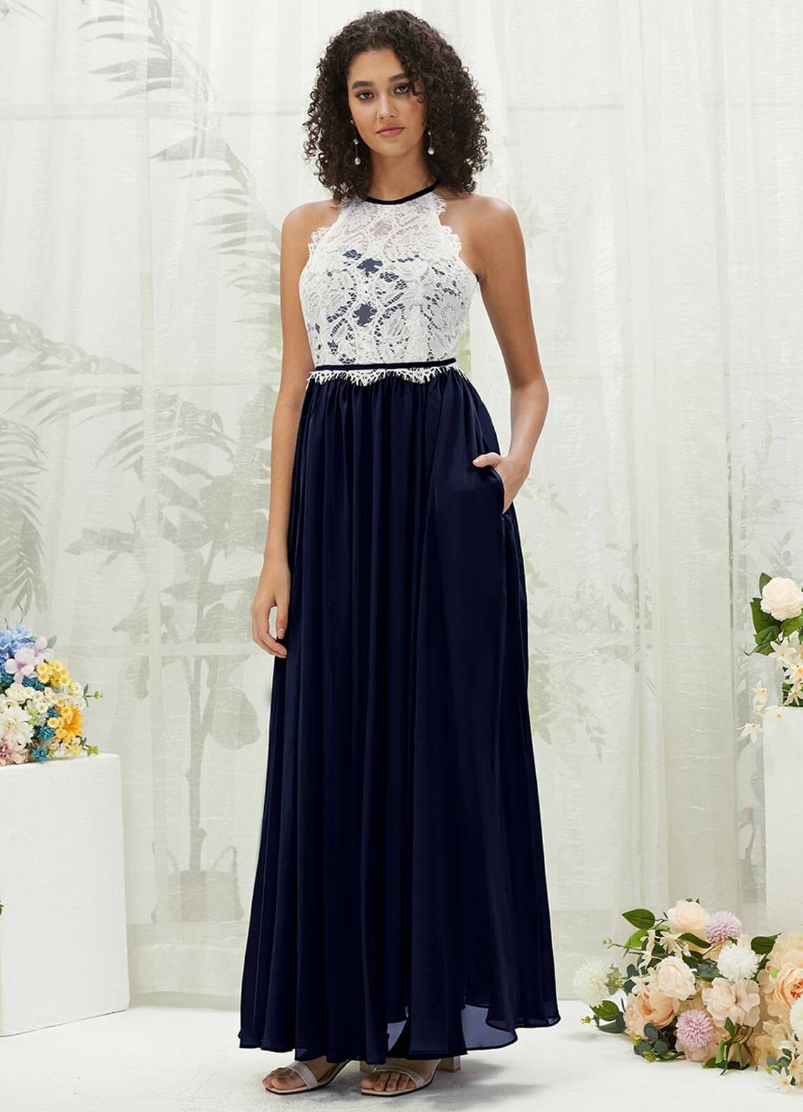 Elegant Dark Navy Lace Halter Neck Backless Chiffon Slit Bridesmaid Dress - Perfect for Weddings, Formal Events & Evening Parties