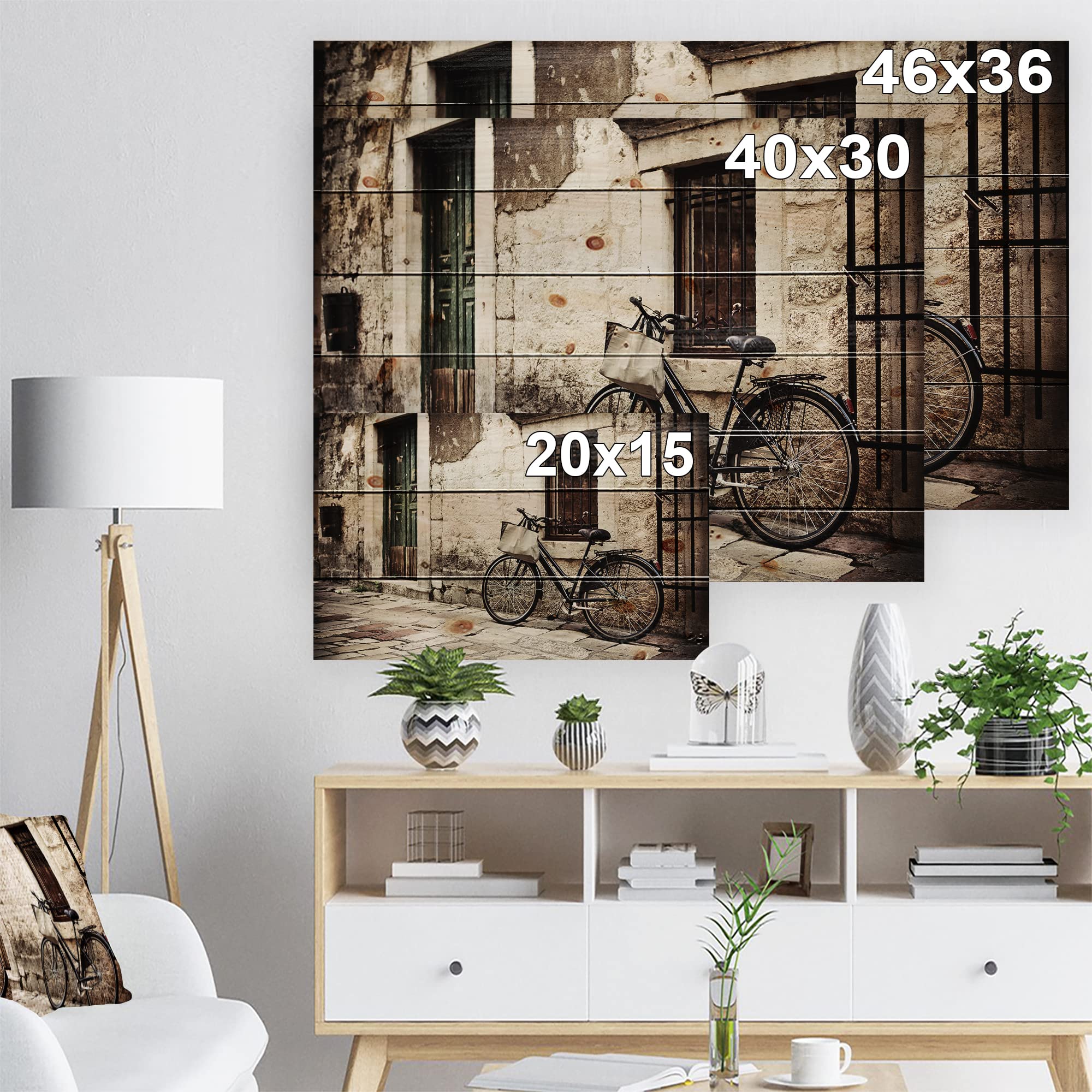 French Country Wood Wall Decor - Bicycle with Shopping Bag, Black Wood Wall Art, Large Landscape Wood Panels Printed on Natural Pine - Perfect for Living Room, Bedroom, or Kitchen Decor