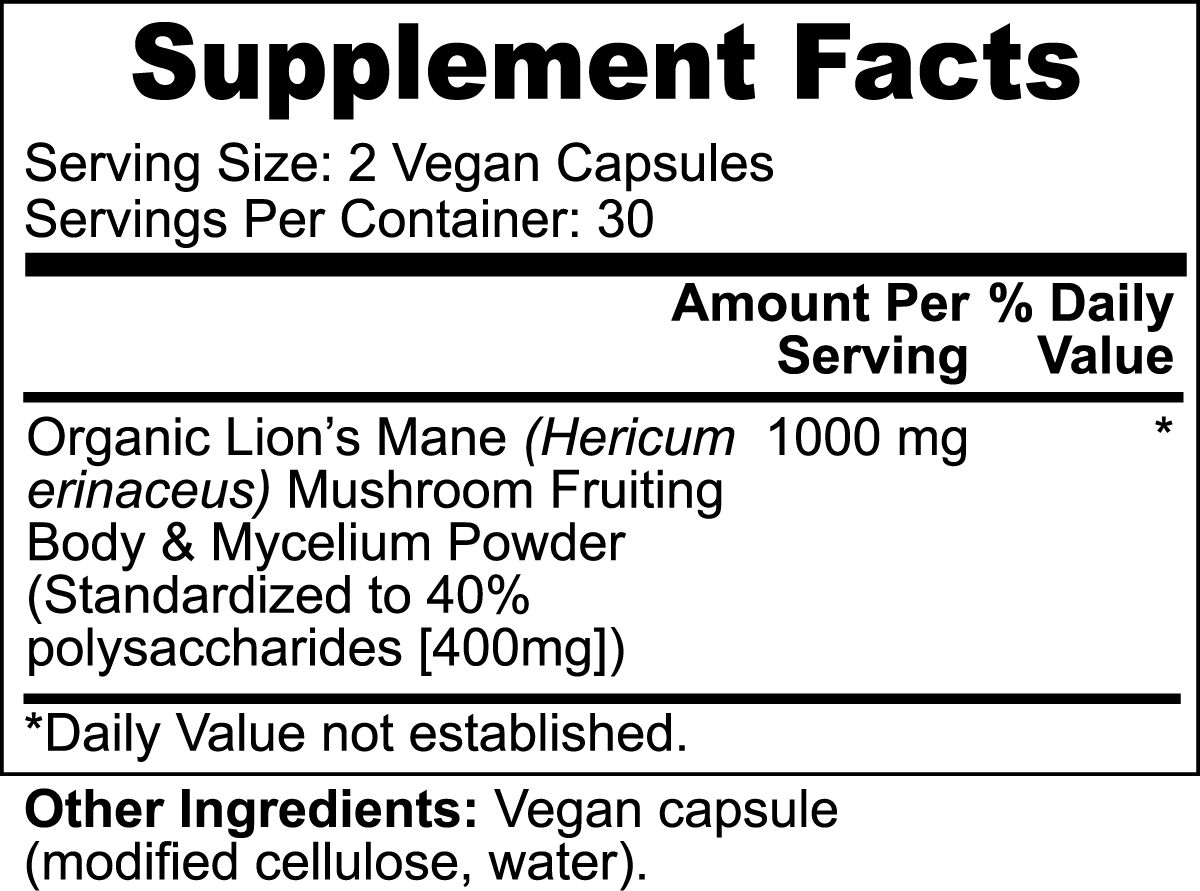 Organic Lion's Mane Mushroom Supplement - 100% Pure Nootropic Brain Booster for Memory & Focus - Vegan Capsules for Cognitive Support - Perfect for Students, Professionals & Mental Clarity