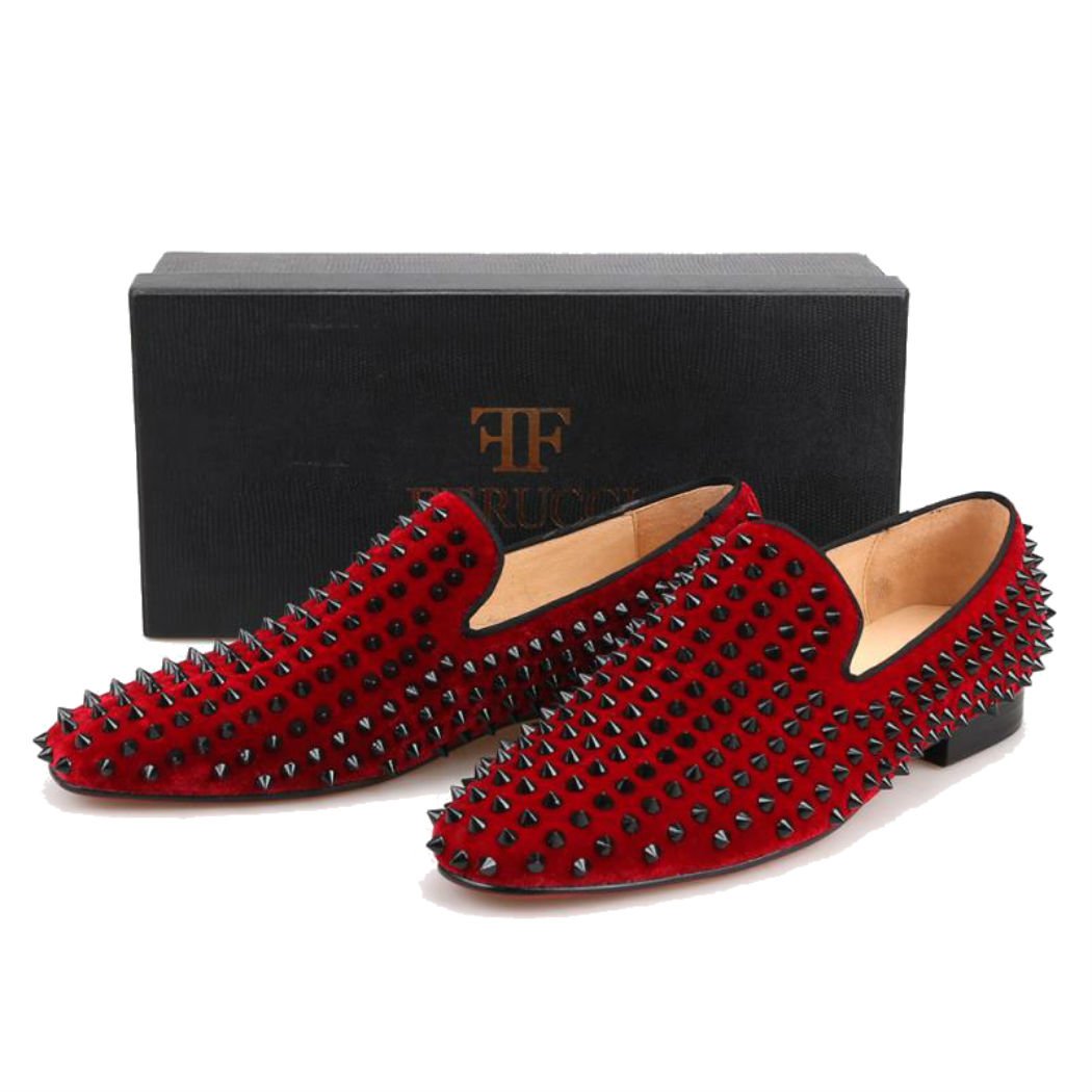 FERUCCI Men's Burgundy Velvet Loafers with Black Spikes - Comfortable House Slippers for Indoor/Outdoor Wear, Perfect for Lounge, Home, and Casual Occasions