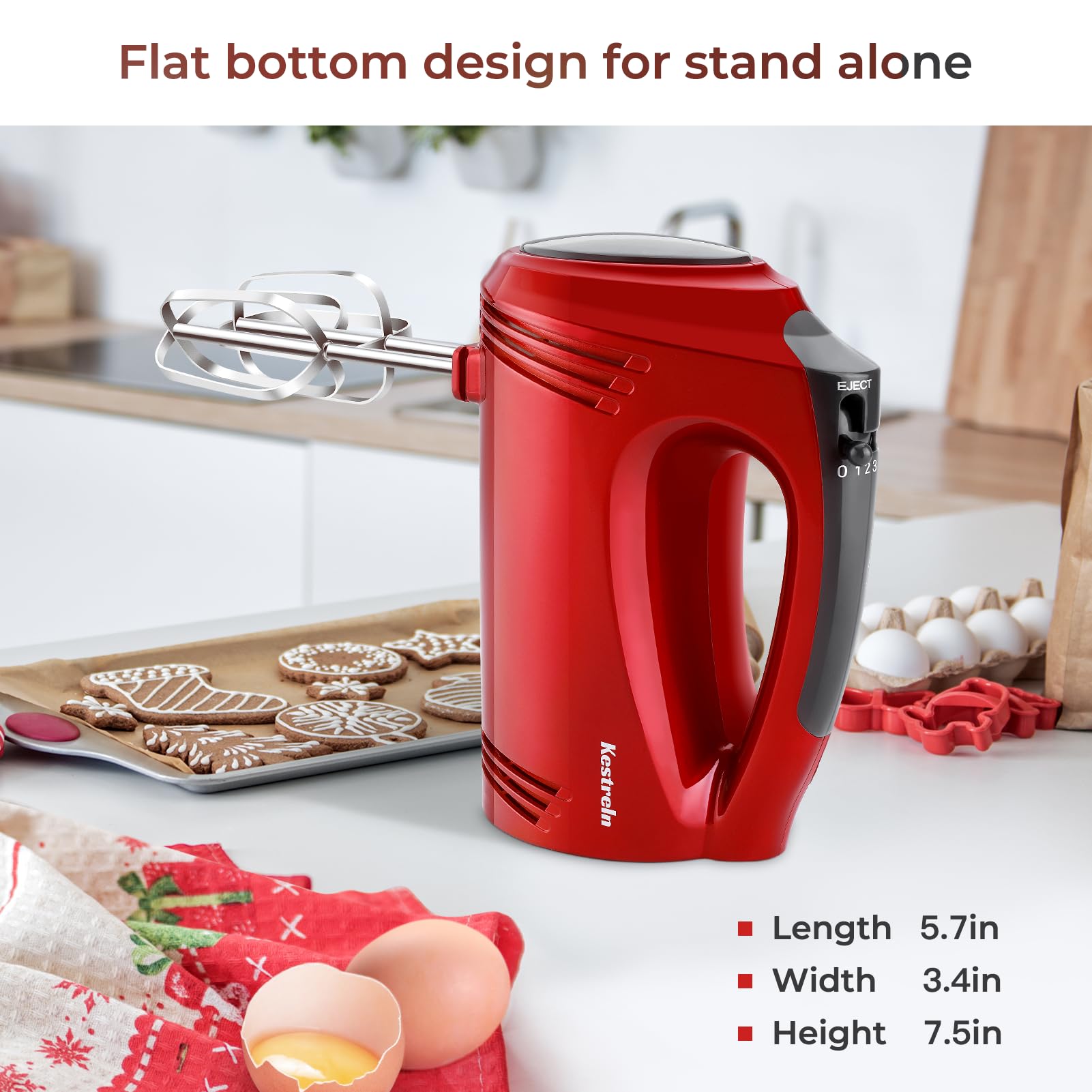 Electric Hand Mixer with Flat Bottom - 5-Speed Portable Handheld Mixer for Baking, Cake, Dough - Includes Dough Hooks for Thick Batters - Perfect for Home Kitchen, Professional Bakeries & Holiday Cooking