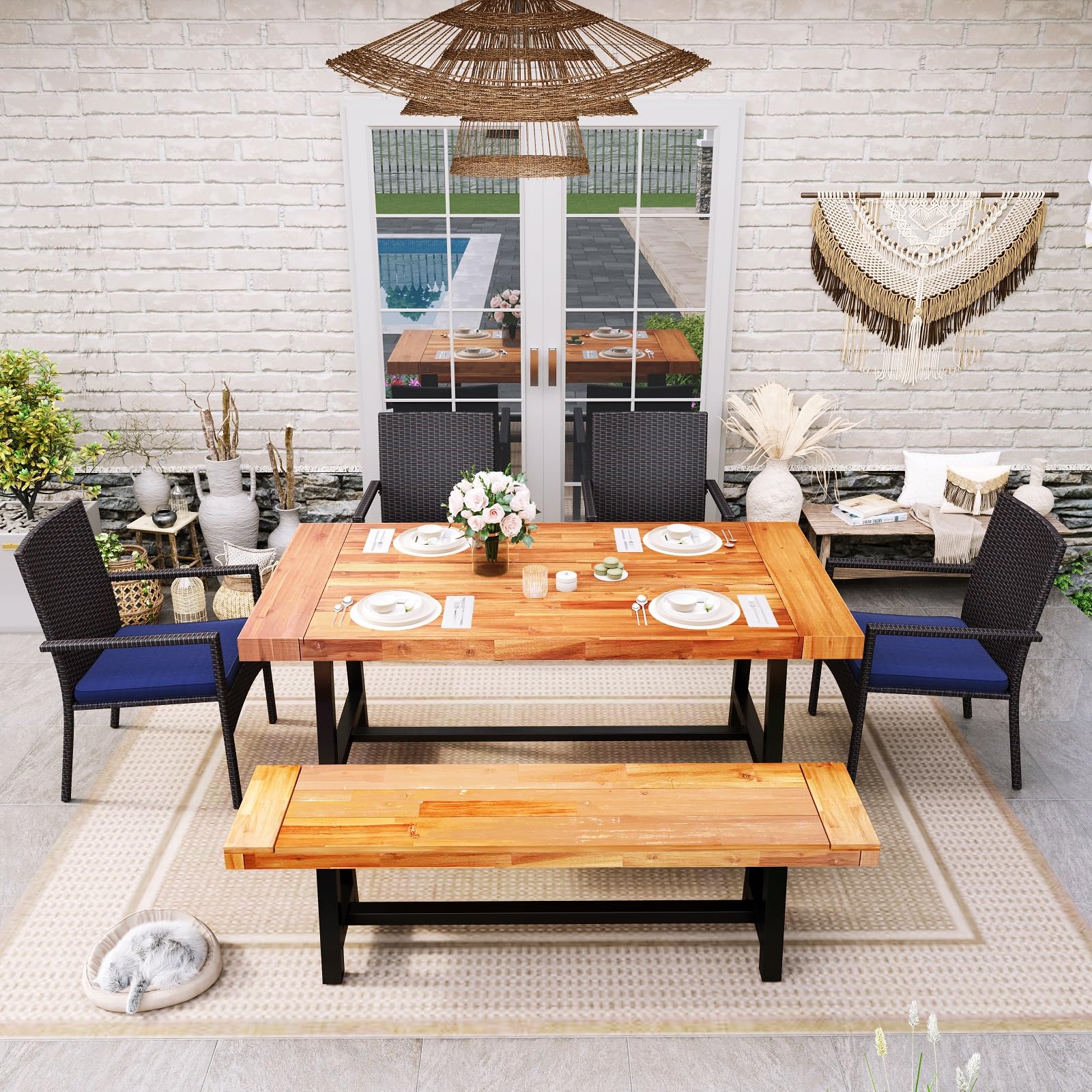 Sophia & William 6-Piece Outdoor Patio Dining Set with Wood Table, Rattan Chairs & Bench - Perfect for Backyard, Deck, Porch & Garden Gatherings | Durable Weather-Resistant Furniture for Outdoor Entertaining