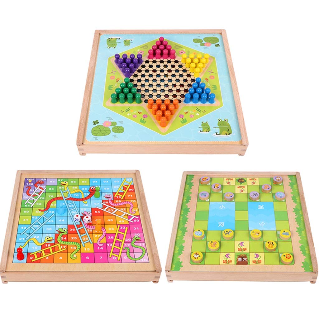 QIAOLI 3-in-1 Wooden Board Game Set - Chinese Checkers, Snakes & Ladders, Arena Chess - Classic Family Board Games for Adults & Kids | Perfect for Family Game Nights, Birthday Parties & Indoor Activities