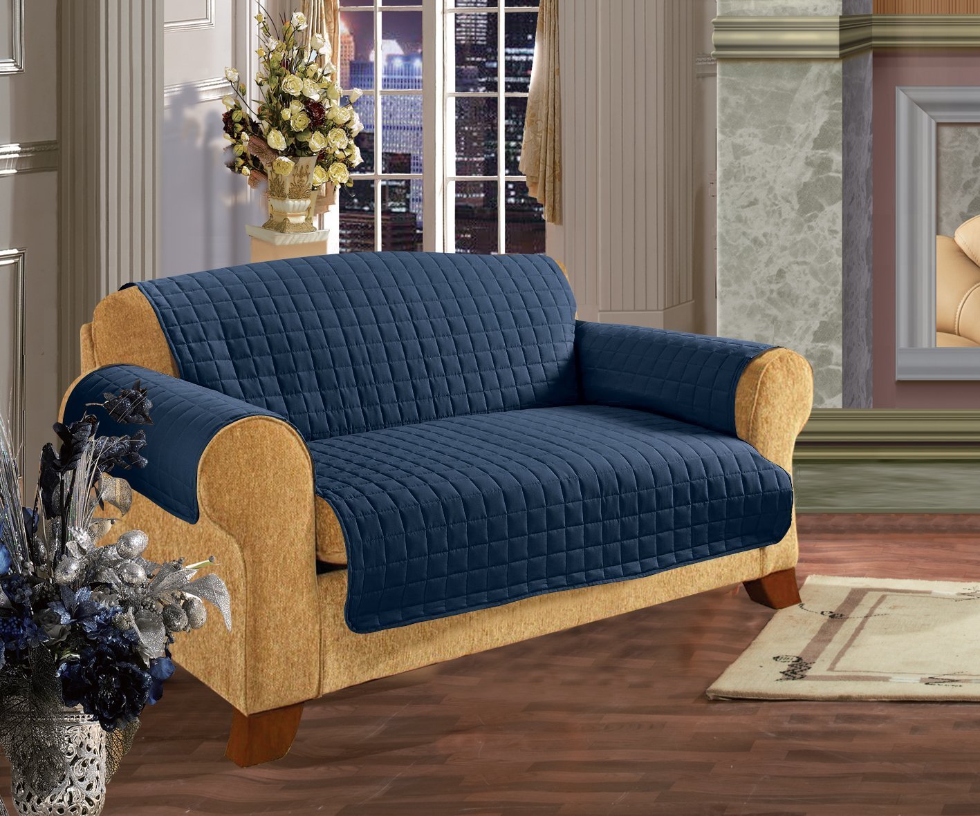 Premium Quilted Furniture Protector for Pets & Kids - Ultra Soft Microfiber (Egyptian Cotton Feel) - Navy Blue Sofa Cover - Protects Against Stains, Spills & Pet Hair - Perfect for Living Room, Bedroom & Nursery