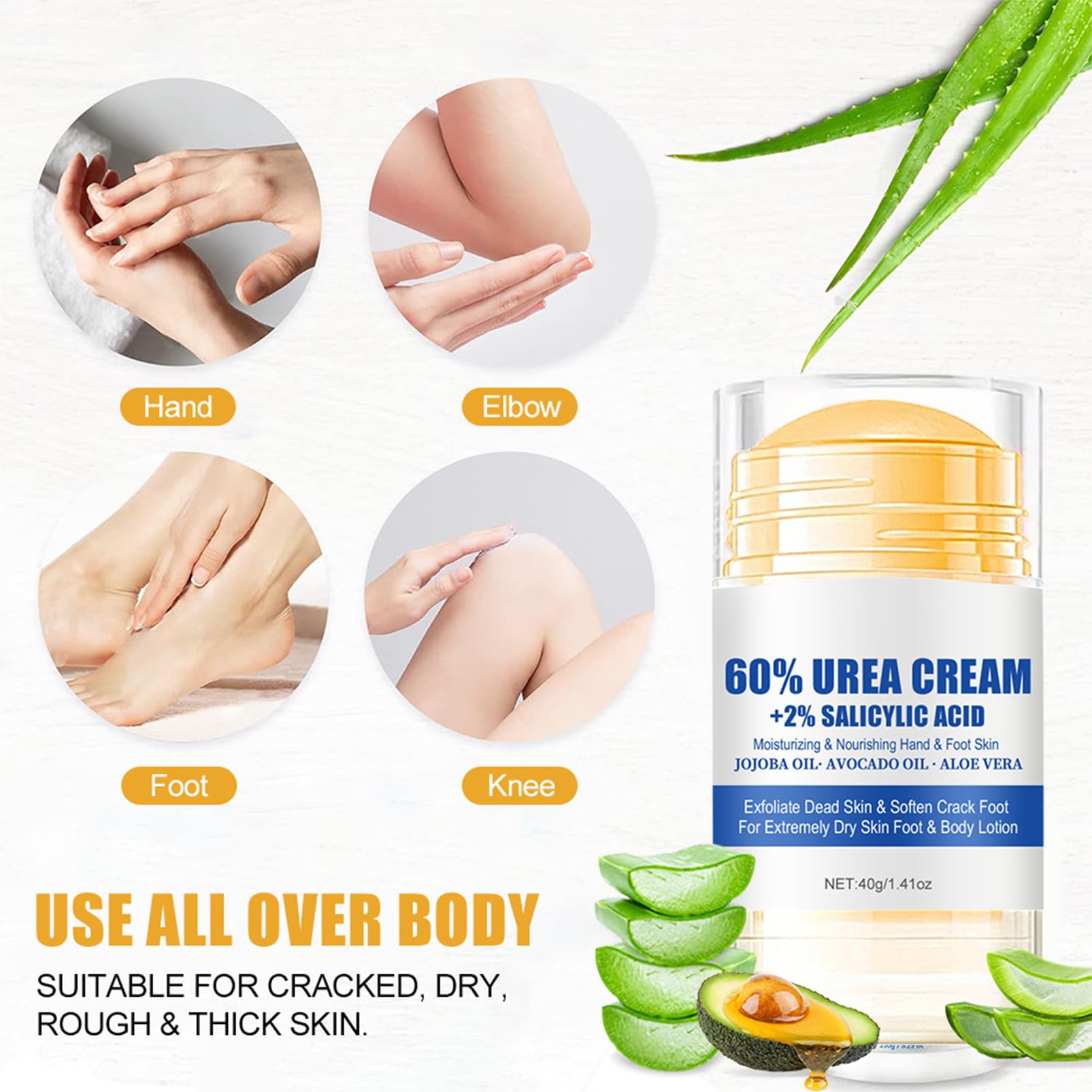 60% Urea + 2% Salicylic Acid Foot Cream for Dry Cracked Heels - Intense Moisturizing Treatment for Feet, Hands, Knees & Elbows - With Aloe Vera & Beeswax - 1.41oz Heel Balm Stick - Perfect for Cracked Skin Repair & Daily Foot Care