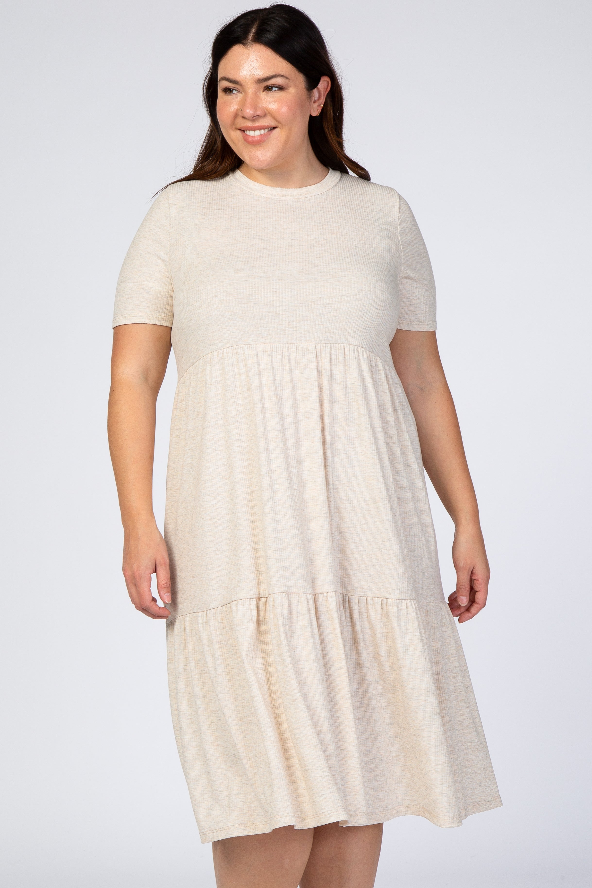Beige Ribbed Tiered Plus Size Dress for Women - Elegant Midi Dress for Casual Wear, Parties & Special Occasions
