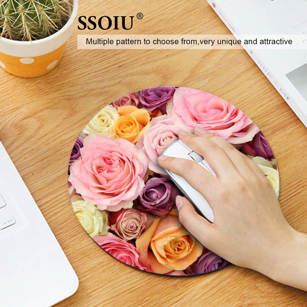 Floral Round Mouse Pad with Pink Purple Yellow Flowers - Non-Slip Cute Circular Mousepad for Office, Home & Gaming - Soft Comfortable Desk Accessory for Computers & Laptops