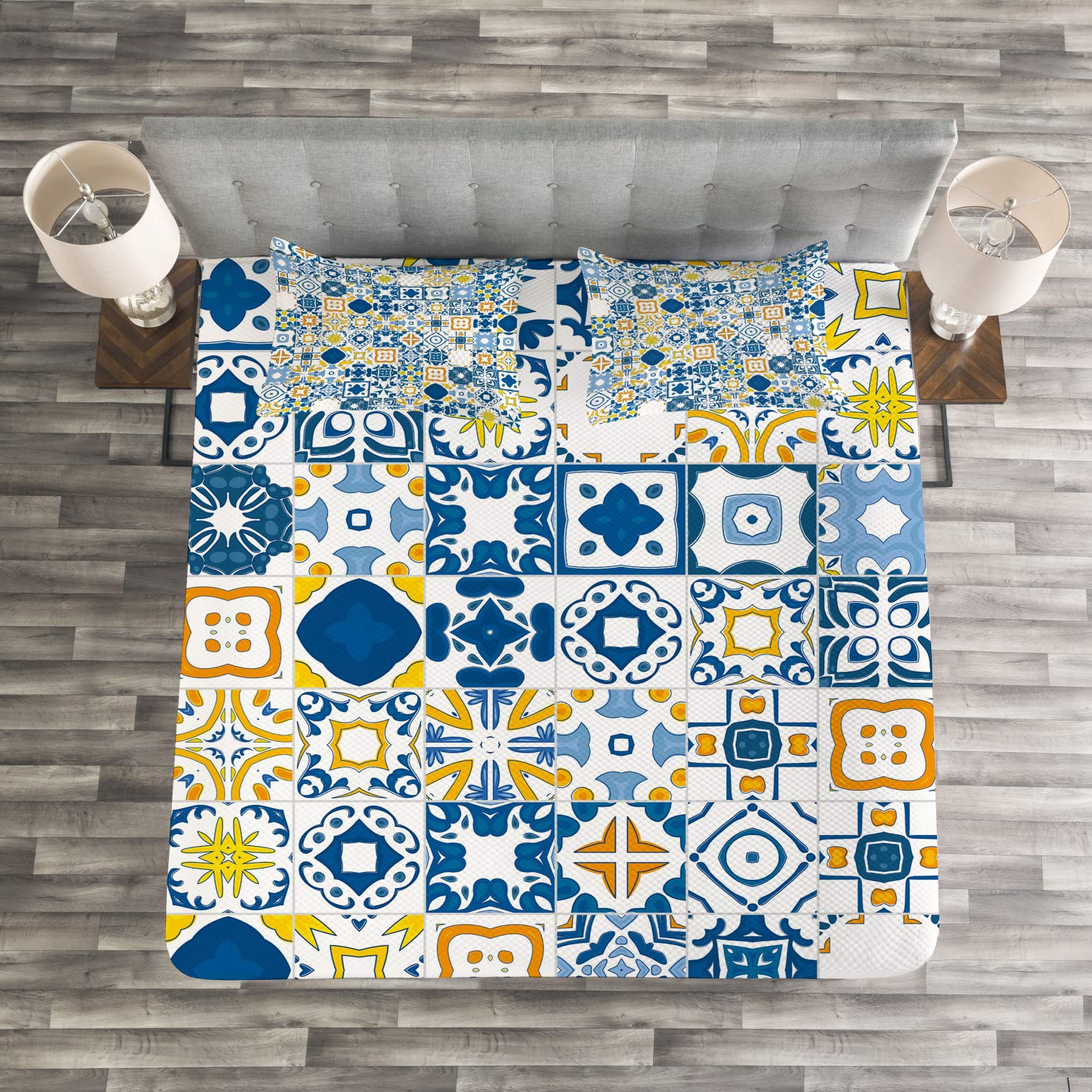 Ambesonne Yellow and Blue Mosaic Portuguese Azulejo Mediterranean King Size 3-Piece Bedspread Set with 2 Pillow Shams - Violet Blue Mustard Bedding Coverlet for Master Bedroom, Guest Room & Coastal Home Decor