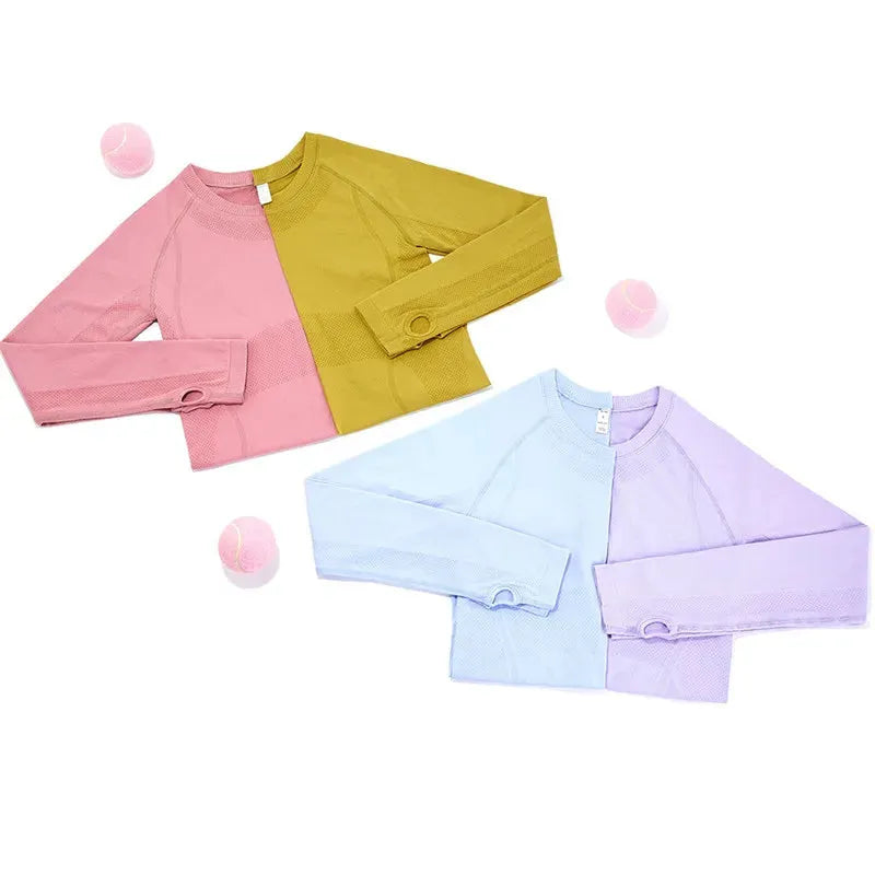 Solid Color Women's Long Sleeve Yoga Shirt - Breathable Fitness Top with Round Neck & Thumb Holes for Yoga, Gym & Workouts | Slim Fit Athletic Wear for Women