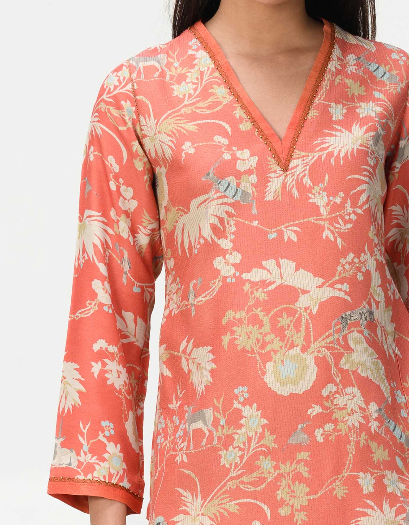 Roshan V Neck Kurta for Women - Muga Satin Coral Ethnic Tunic Top - Perfect for Festivals, Weddings & Cultural Events