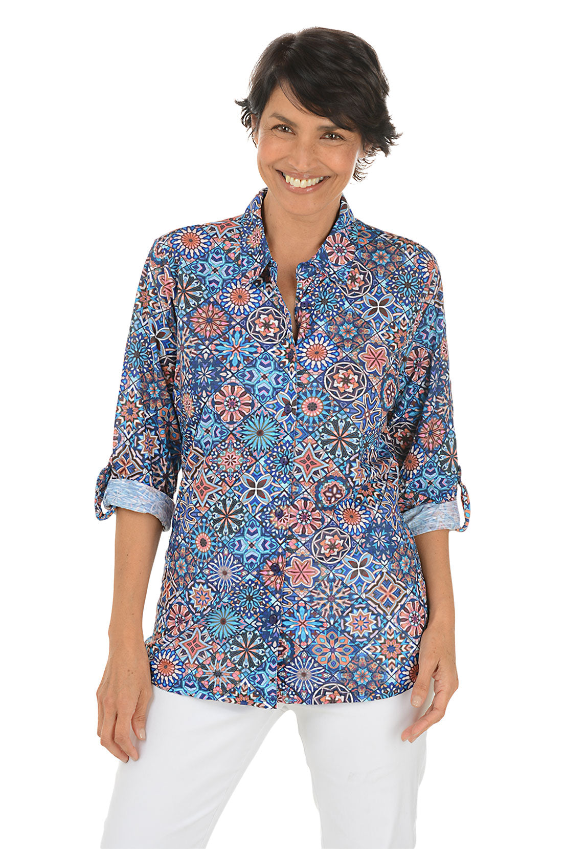 Cathedral Glass Roll Tab Knit Shirt for Women - Elegant Long Sleeve Blouse for Office Wear & Casual Outfits