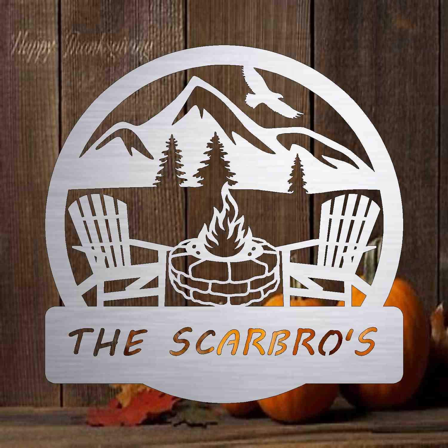 Personalized Metal Monogram Sign - Custom Stone Firepit Camping Decor - Unique Home & Patio Gift - Rustic Outdoor Art for Door, Yard & Cabin - Perfect for Camping, Backyard Parties & Cozy Evenings