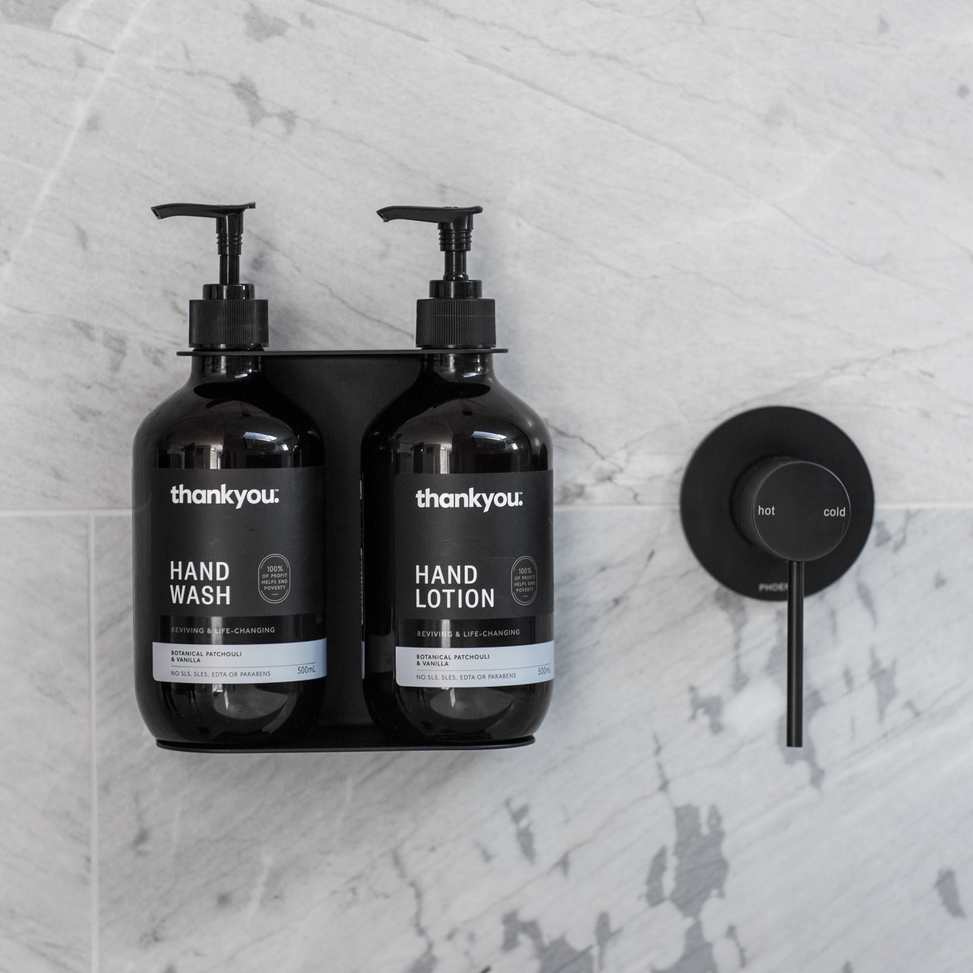 Dual Soap Dispenser Holder - Wall Mounted Bathroom Organizer with Strong Adhesive, Black | Perfect for Kitchen, Bathroom Sink Countertop & Vanity Organization