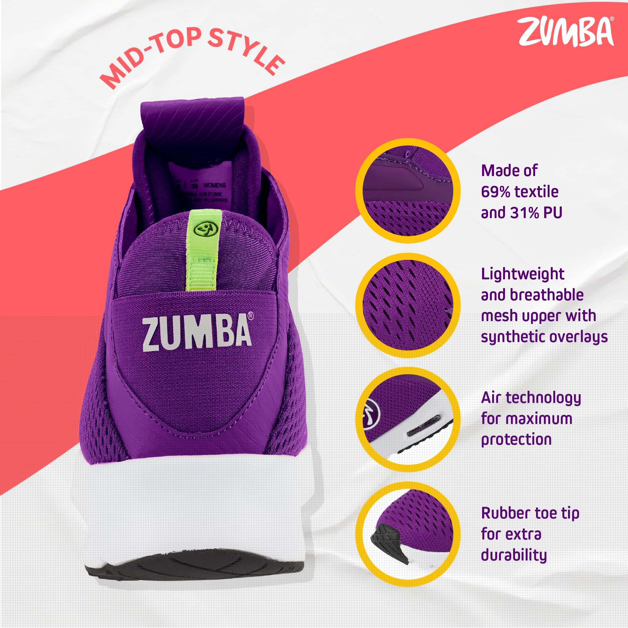 ZUMBA Air Funk Women's Dance Shoes - Mid-Top Fitness Sneakers for Zumba, Aerobics & Dance Workouts | Lightweight & Breathable for Gym & Studio Use