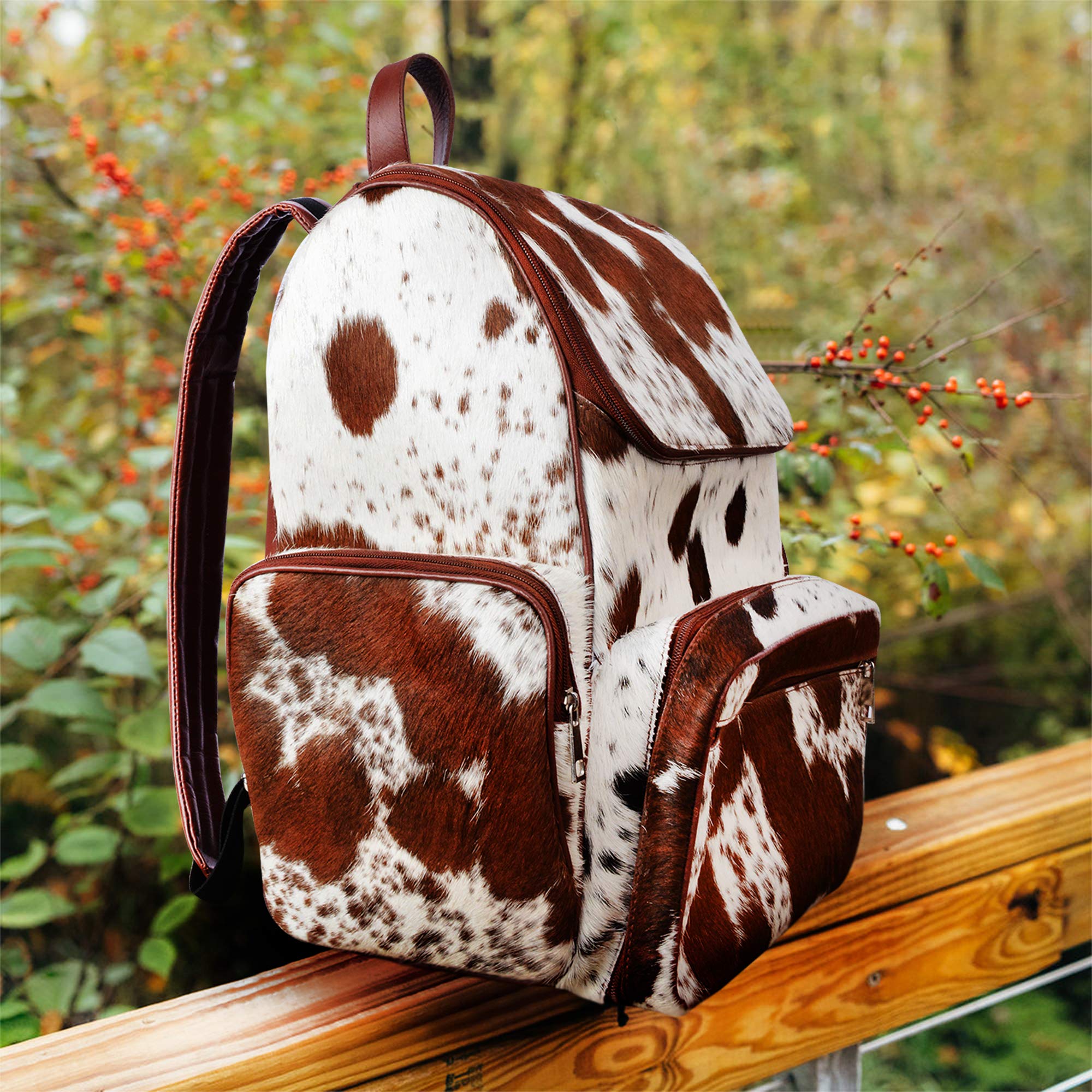 Genuine Cowhide Leather Backpack for Women - Stylish Cow Print Diaper Bag - Travel & Baby Essentials Organizer - Perfect for Moms, Work Commute & Weekend Getaways