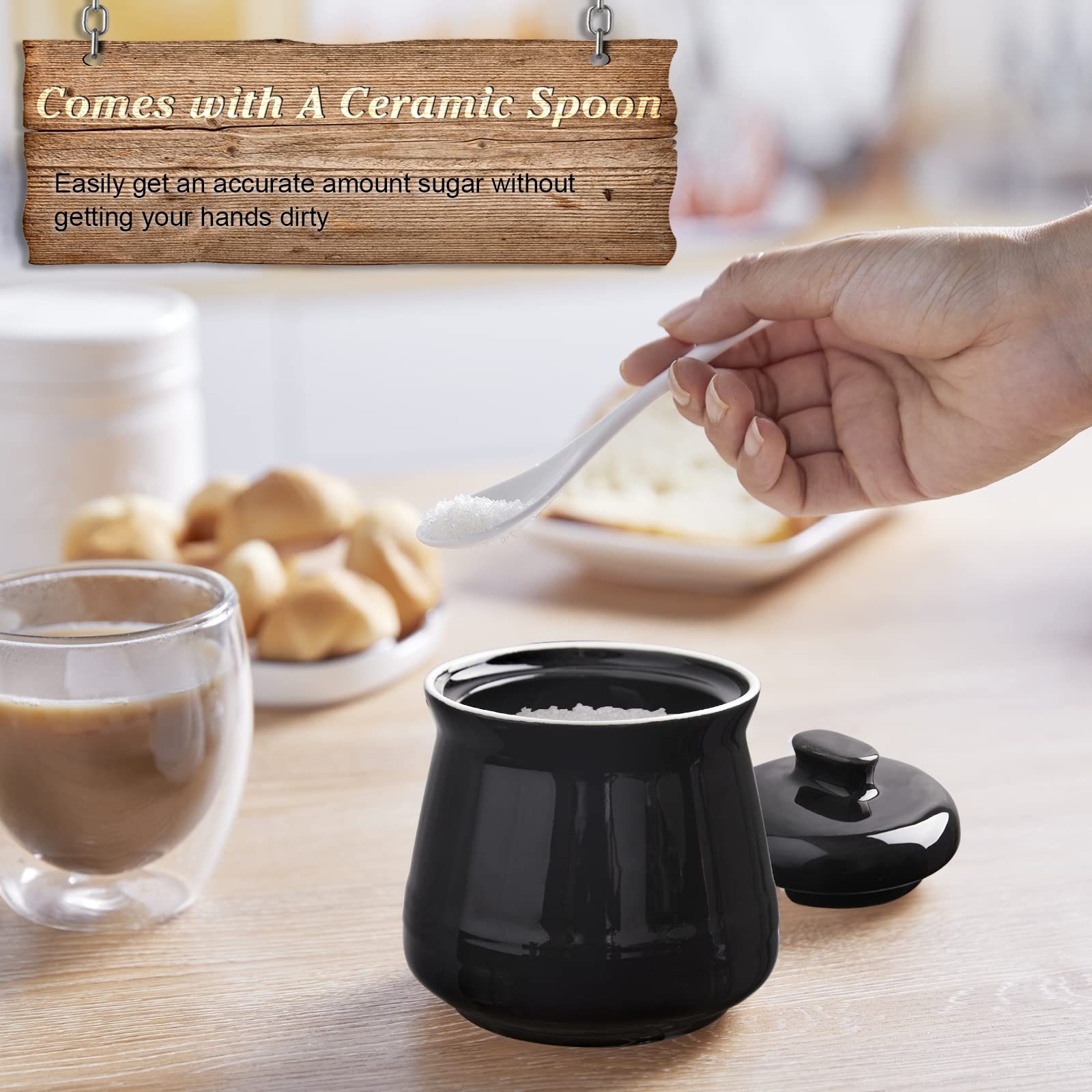 12 oz Ceramic Sugar Bowl with Lid and Spoon - Airtight Sugar Container for Coffee, Tea & Baking - Modern Black Sugar Jar for Kitchen Counter & Coffee Bar Decor