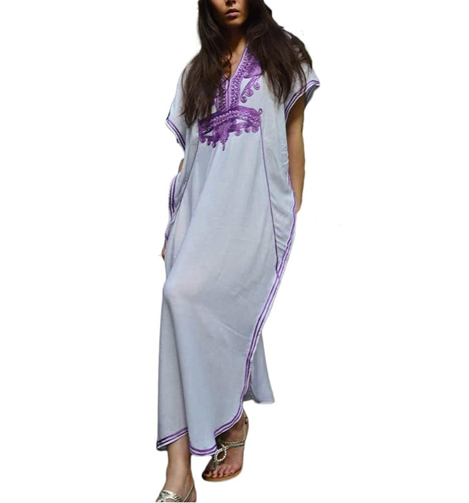 Women's Embroidered Kaftan Beach Coverup Dress with Long Side Split, Short Sleeve Bikini Cover Up for Summer Vacation and Poolside Relaxation
