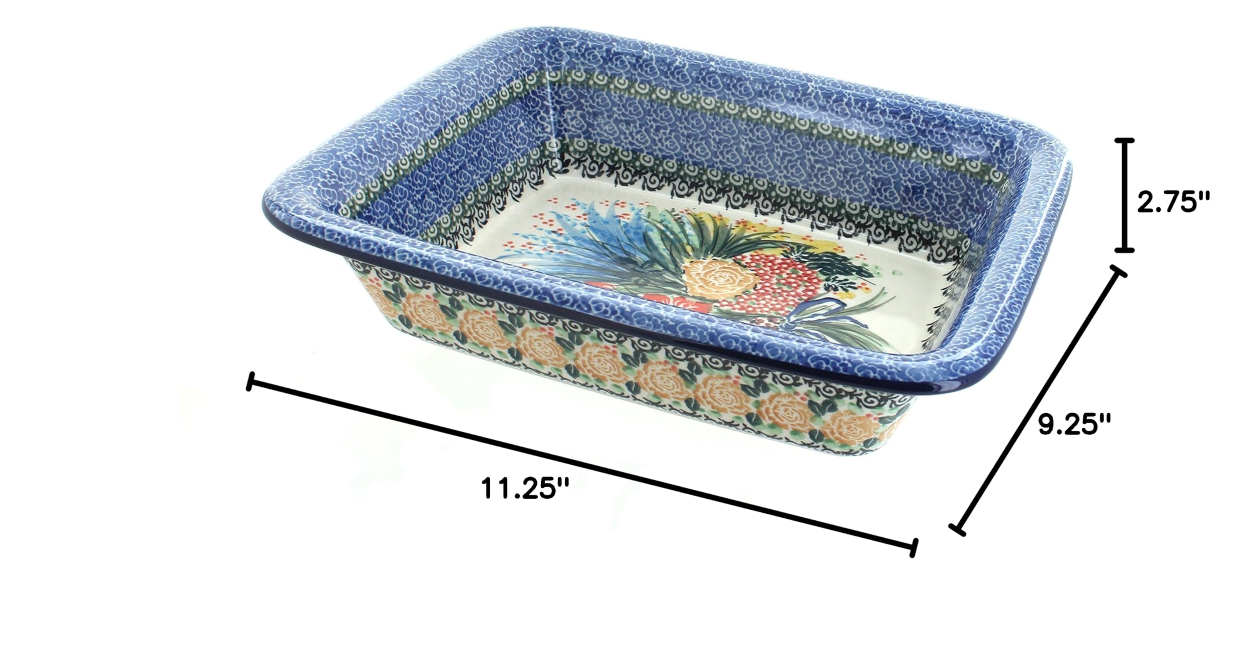 Blue Rose Polish Pottery Rectangular Baker - Handmade Ceramic Baking Dish for Summer Blooms Design | Perfect for Casseroles, Brownies & Holiday Serving