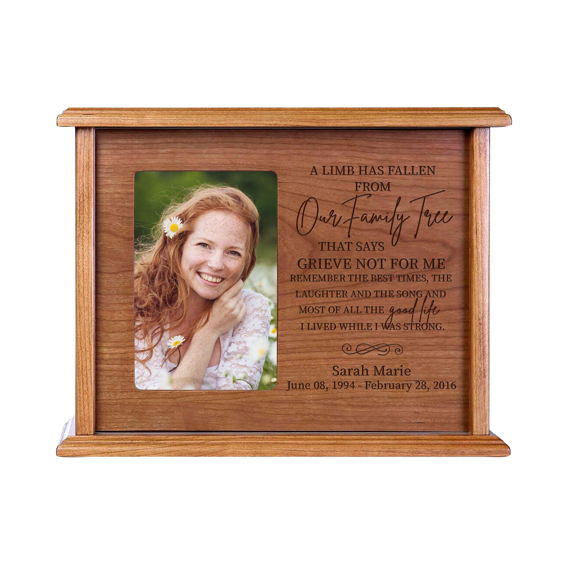 Personalized Engraved Wooden Cremation Urn with Picture Frame - Holds 200 cu.in Human Ashes & 4x6 Photo - LifeSong Milestones Memorial Keepsake for Loved Ones (Cherry) - Perfect for Funeral Services, Memorial Displays & Honoring Departed Family Members