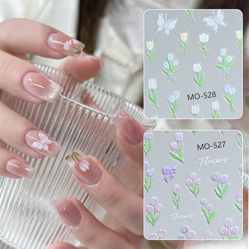 3D Spring Tulip Embossed Flower Jelly Nail Stickers - Set of 3 Designs (MO-527/528/529) for Gel Polish Manicure & Nail Art Decoration - Perfect for Spring Parties, Weddings and DIY Nail Salon