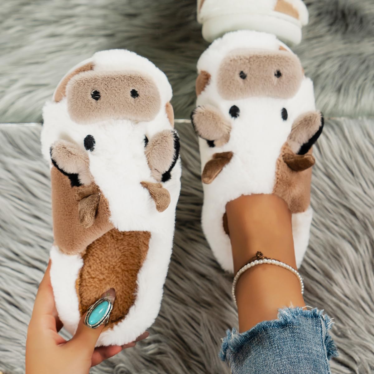 Women's Cute Cow Slippers - Warm Winter Animal House Shoes with Fluffy Soft Fur | Perfect for Indoor Comfort, Gifts & Kawaii Homewear