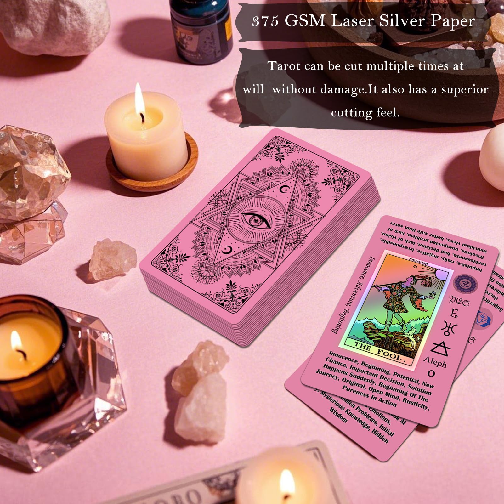 Pink Tarot Cards for Beginners with Meanings & Guide Book - Holographic Laser Tarot Deck with Keywords - Perfect for Meditation, Divination & Spiritual Guidance