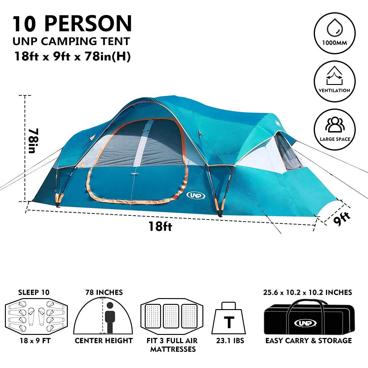 UNP 10-Person Family Camping Tent - Large Easy Setup 2-Room Shelter with 5 Mesh Windows, Waterproof & Weather Resistant (18'x9'x78