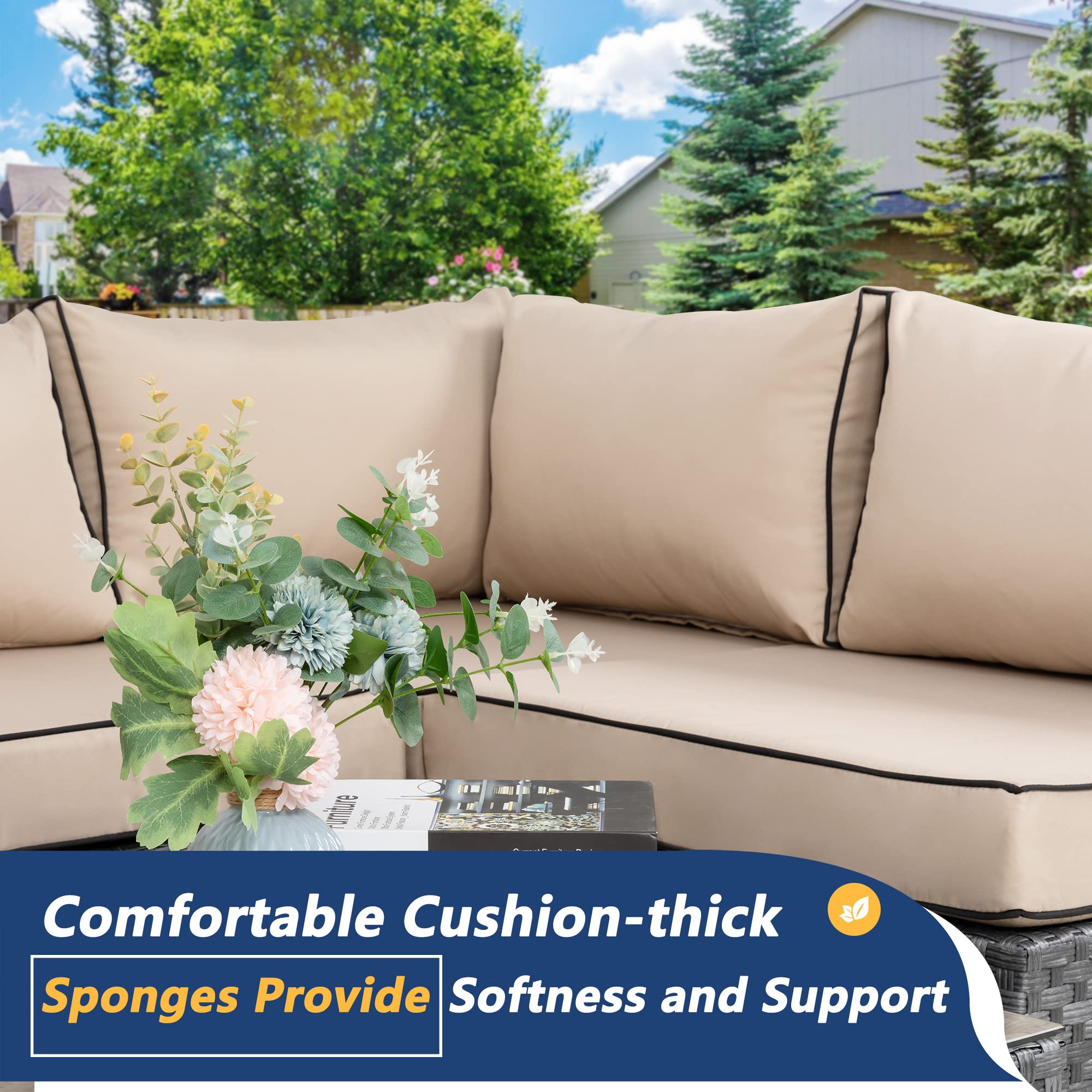 JAMFLY 7-Piece Wicker Patio Furniture Set - Outdoor Rattan Sofa Conversation Set with Washable Cushions & Glass Coffee Table (Khaki) - Perfect for Backyard, Garden, Porch, and Poolside Relaxation