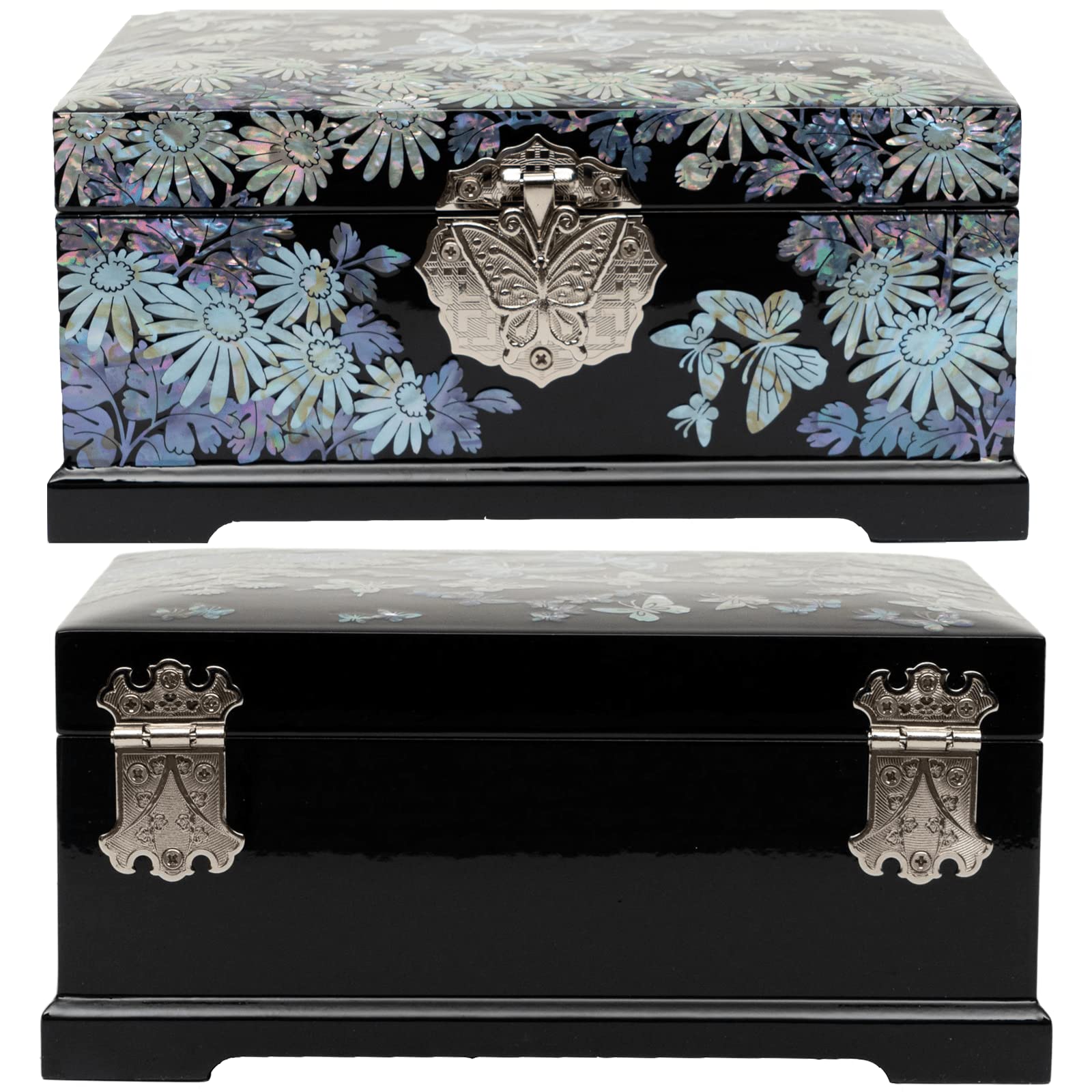 February Mountain Mother of Pearl Jewelry Box - 2 Layer Jewelry Organizer for Earrings, Rings, Necklaces, Bracelets & Watches | Perfect Gift for Women, Birthday, Anniversary, Valentine's Day (Siberian Chrysanthemum with Butterflies Design) | Elegant Storage for Dresser, Vanity or Travel