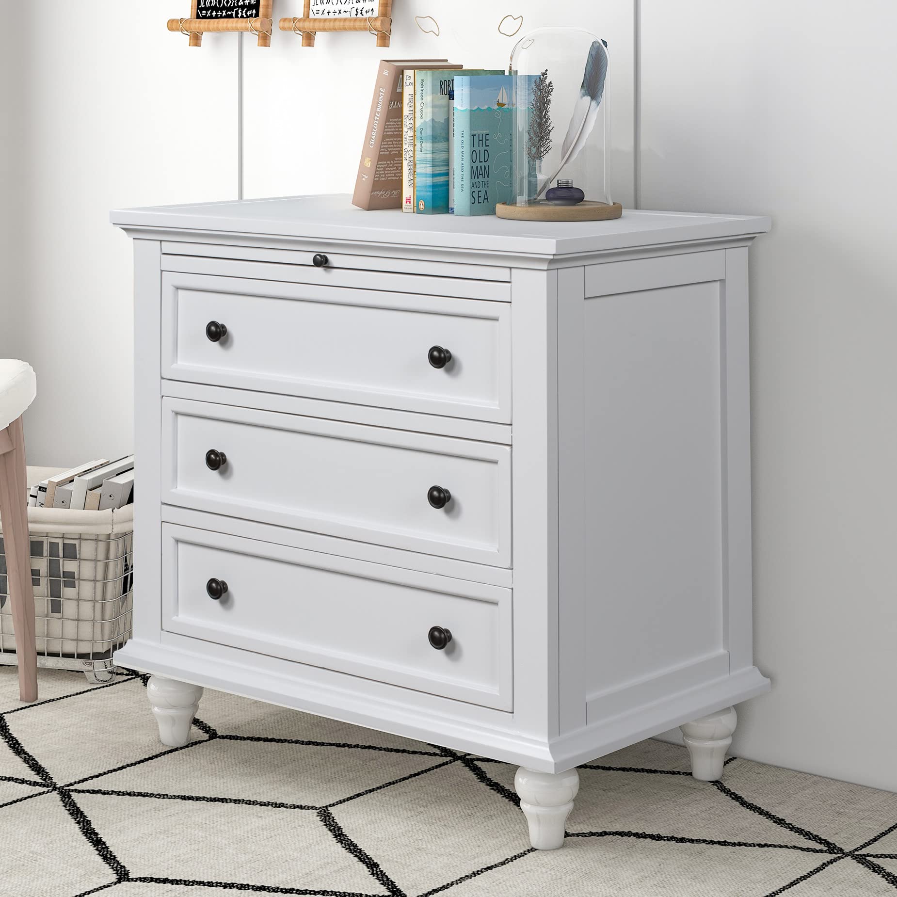White Wood 3-Drawer Nightstand with Pull-Out Tray - 28