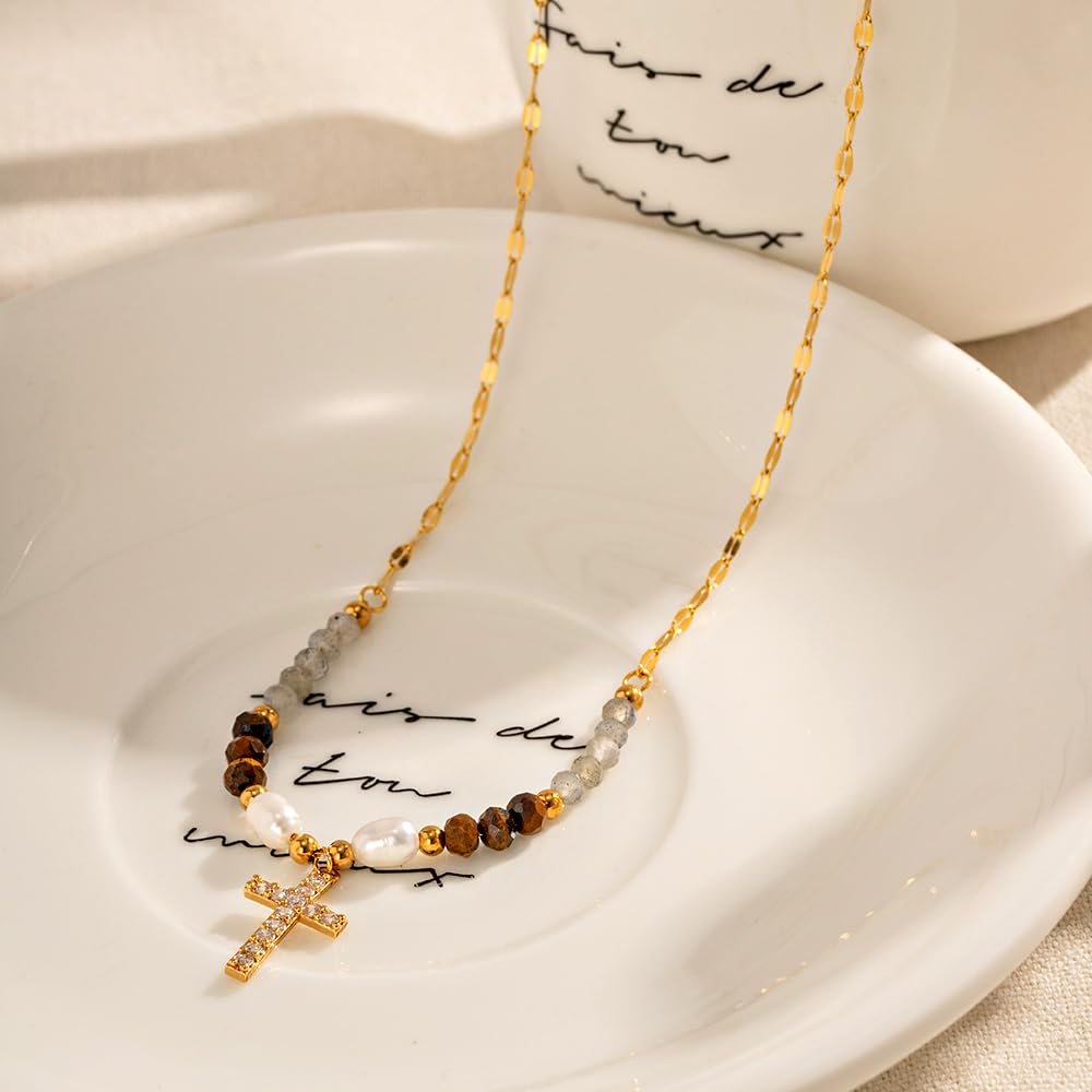 Gold Cross Necklace for Women - Handmade Gemstone Choker with Pearl Beads | Elegant Birthday Gift & Good Luck Jewelry | Perfect for Church, Weddings & Special Occasions