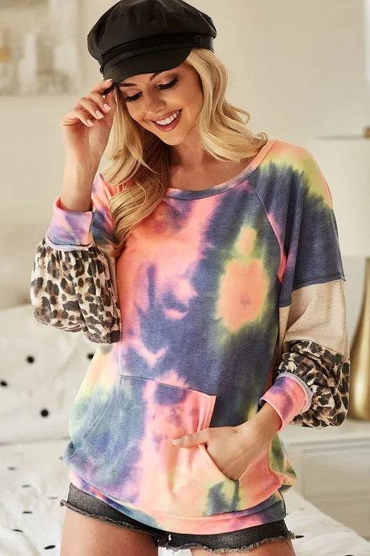 BiBi Tie Dye French Terry Sweatshirt with Contrast Stitching | Women's Casual Pullover Hoodie | Perfect for Yoga, Lounge & Streetwear Fashion