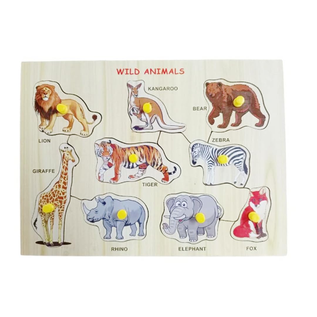 Amisha Gift Gallery Wooden Puzzles for Kids with Knob - Educational Learning Toy Wooden Puzzle Board (Wild Animals) - Perfect for Preschool Learning & Montessori Classroom Activities