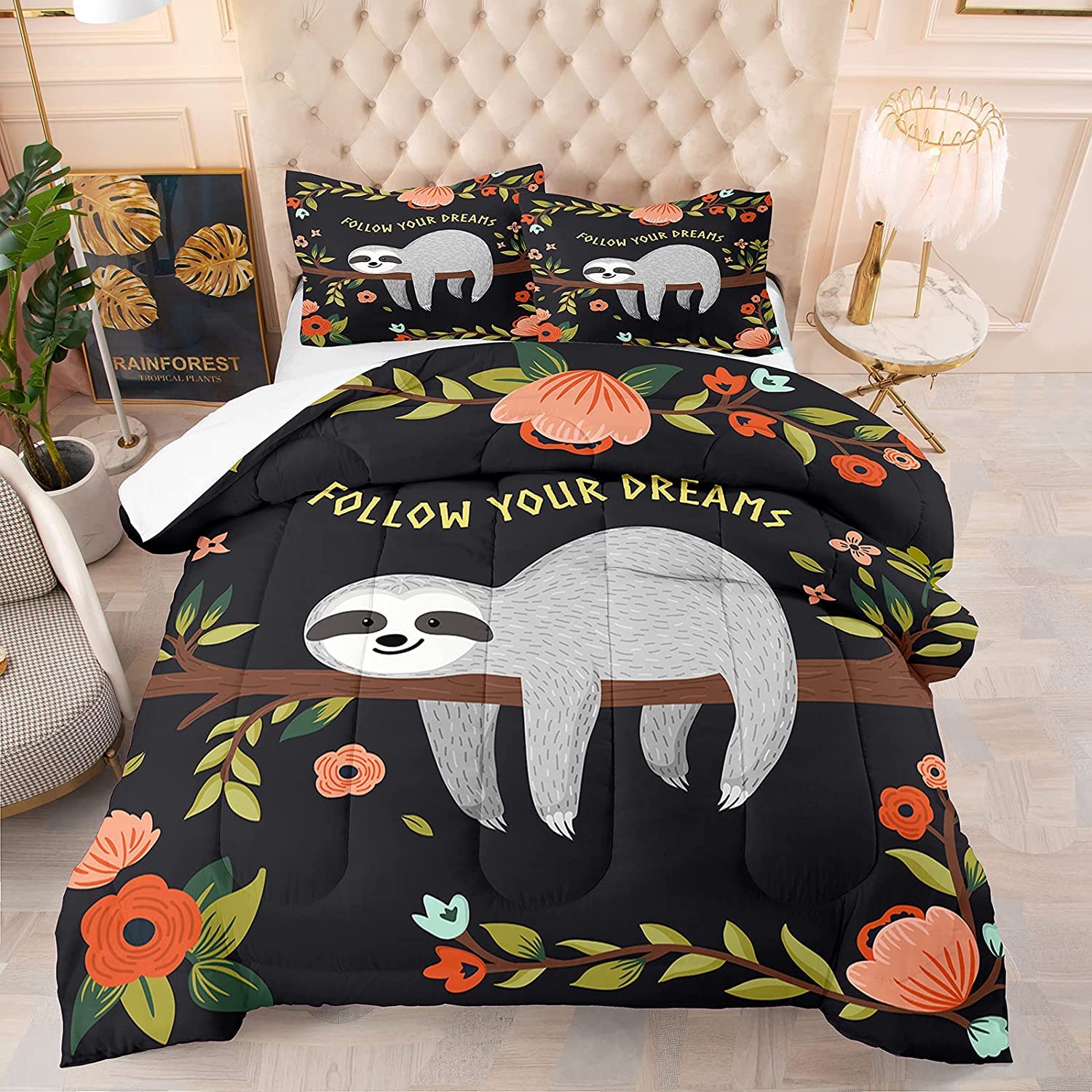 EDUMEYA Kids Sloth on Tree Full Size Comforter Set - Cute Cartoon Animal Bedding with 1 Comforter & 2 Pillow Cases - Sloth Follow Your Dreams Theme - Perfect for Kids' Bedroom Decor & Cozy Sleep
