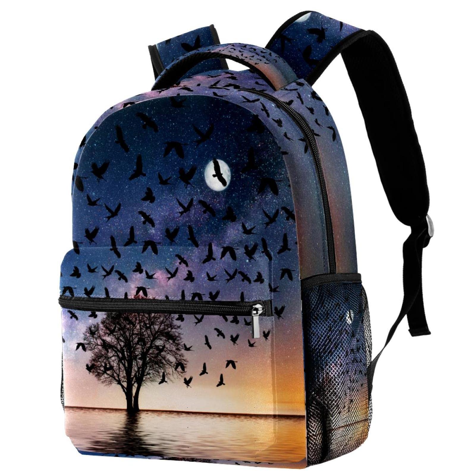 Lightweight School Backpack for Girls & Boys - Tree Crow Star Night Sky Moon Print Bookbag | Perfect for School, Travel & Daily Use