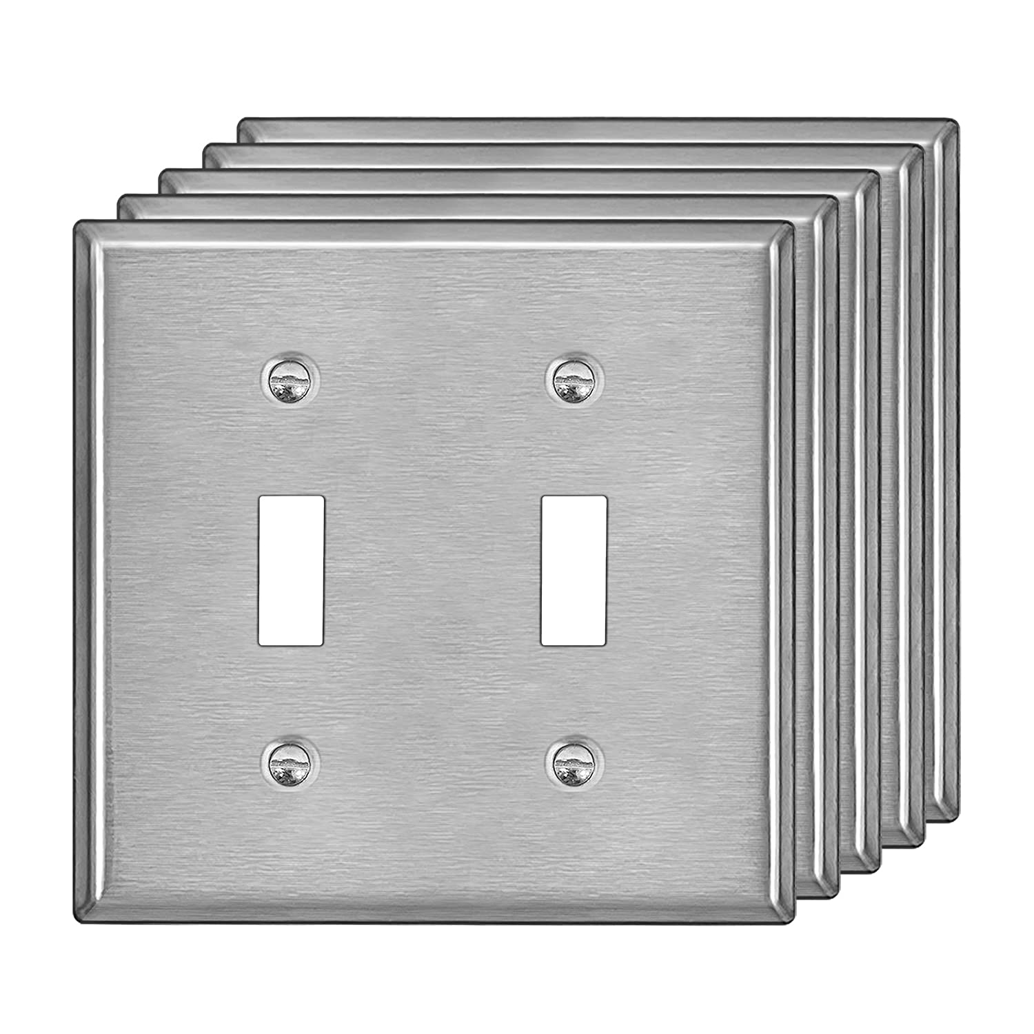 5 Pack BESTTEN 2 Gang Toggle Switch Stainless Steel Wall Plate - White/Clear Plastic Film, Standard Metal Light Switch Covers, Durable Corrosion Resistant, Industrial Grade Brushed Finish - Perfect for Home, Office & Industrial Electrical Upgrades