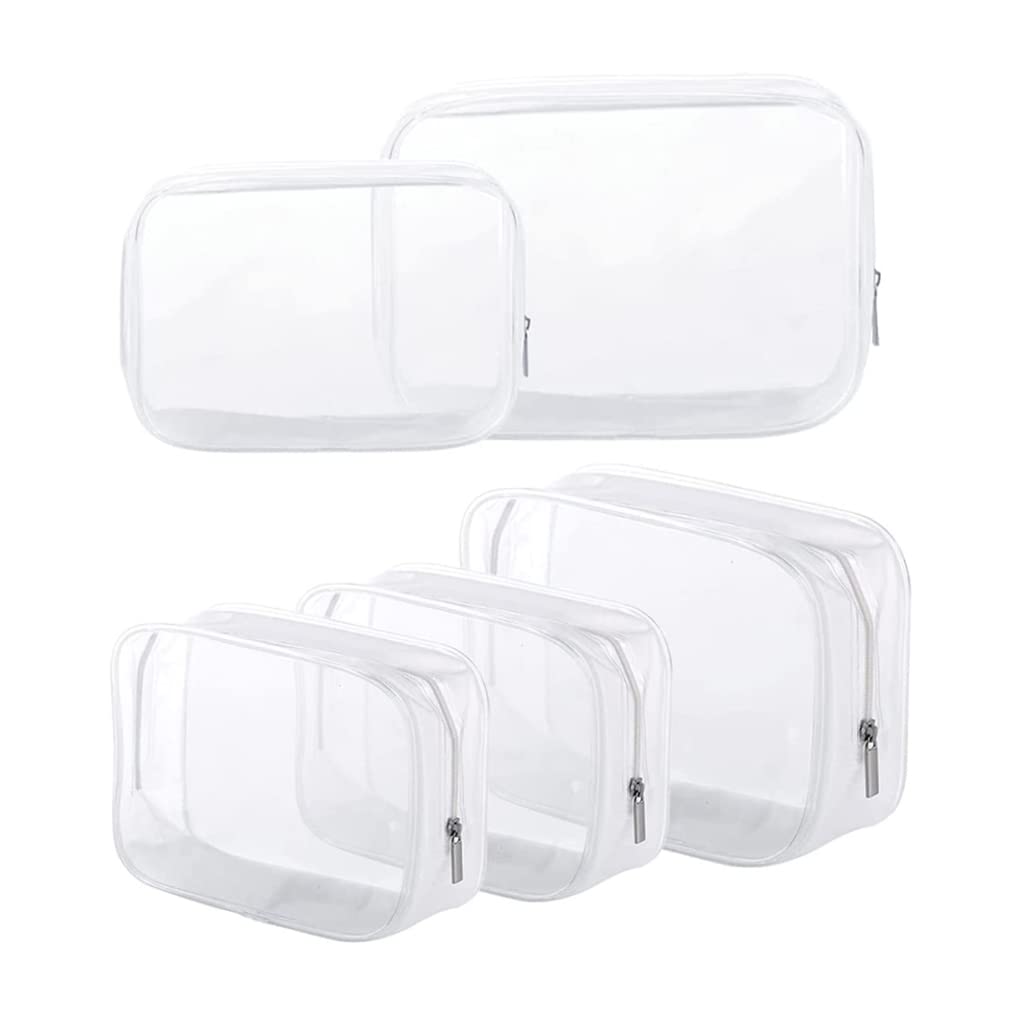 5 Pack Clear Plastic Zippered Toiletry Bags - TSA Approved Travel Cosmetic Organizer for Makeup & Personal Care (Small/Large, White) | Perfect for Air Travel, Gym, Camping & Daily Storage