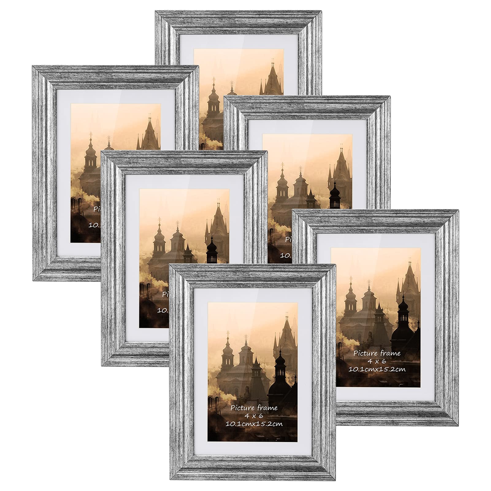 Rustic 4x6 Picture Frames Set of 6 - Vintage Silver Photo Frames for Wall & Table Display