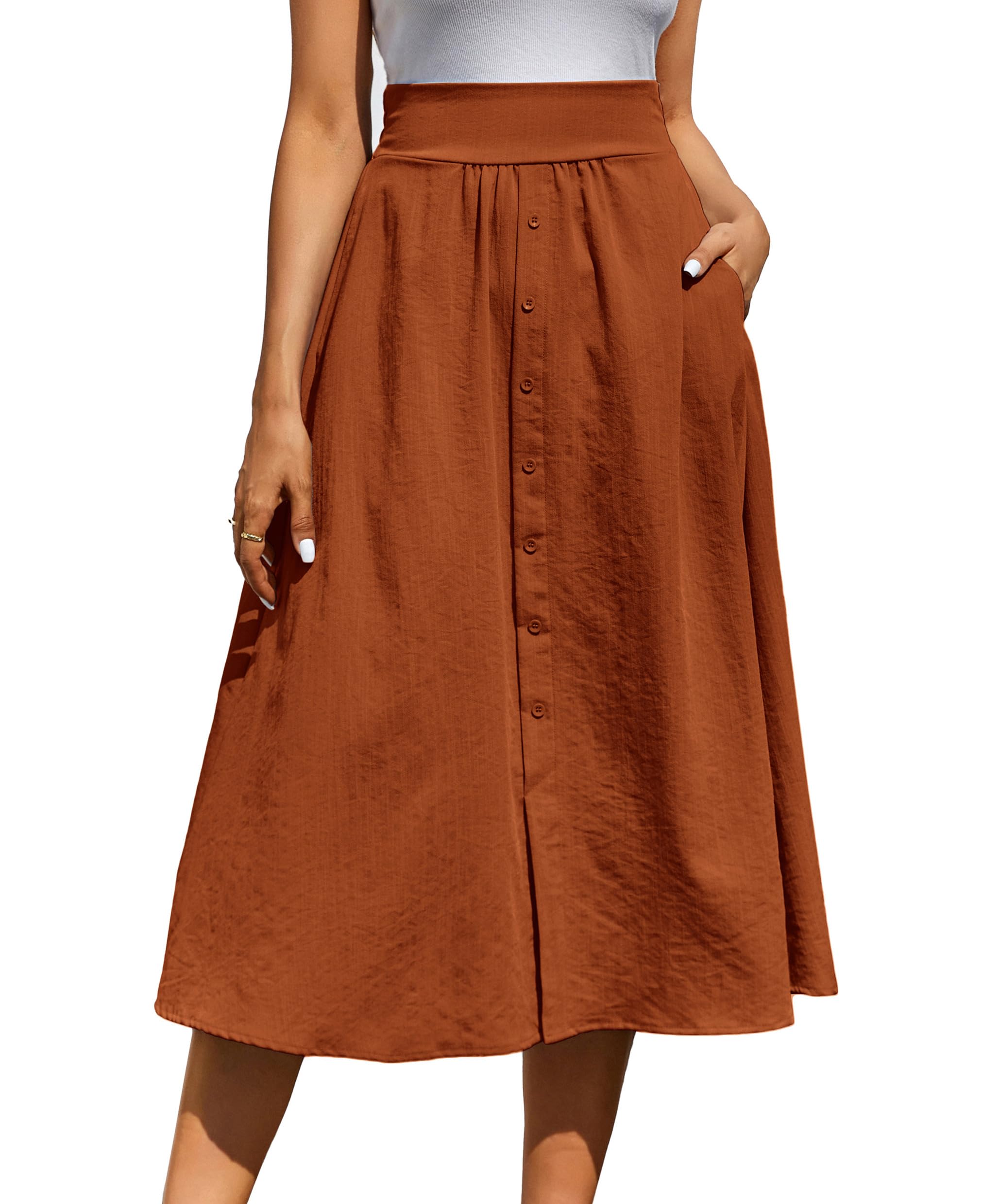 Kate Kasin Women's High Waist Vintage A-Line Pleated Midi Skirt with Pockets - Elastic Waistband, Button Front - Perfect for Office, Date Night & Casual Outings