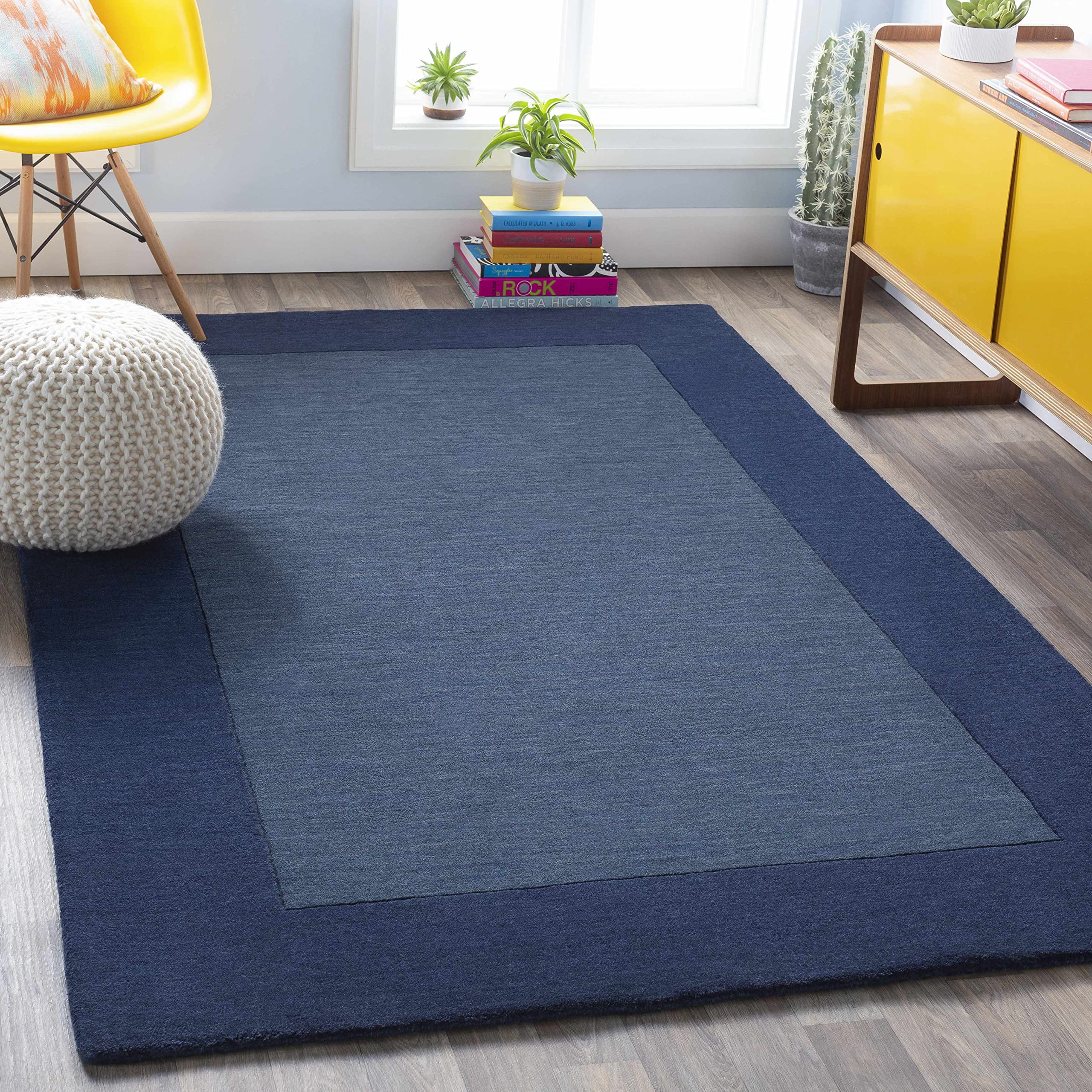 Premium Hauteloom Fingerhut Wool Area Rug - Soft & Durable 6' x 9' Blue Solid Border Rug for Living Room, Bedroom - Perfect for Cozy Home Decor & High-Traffic Areas