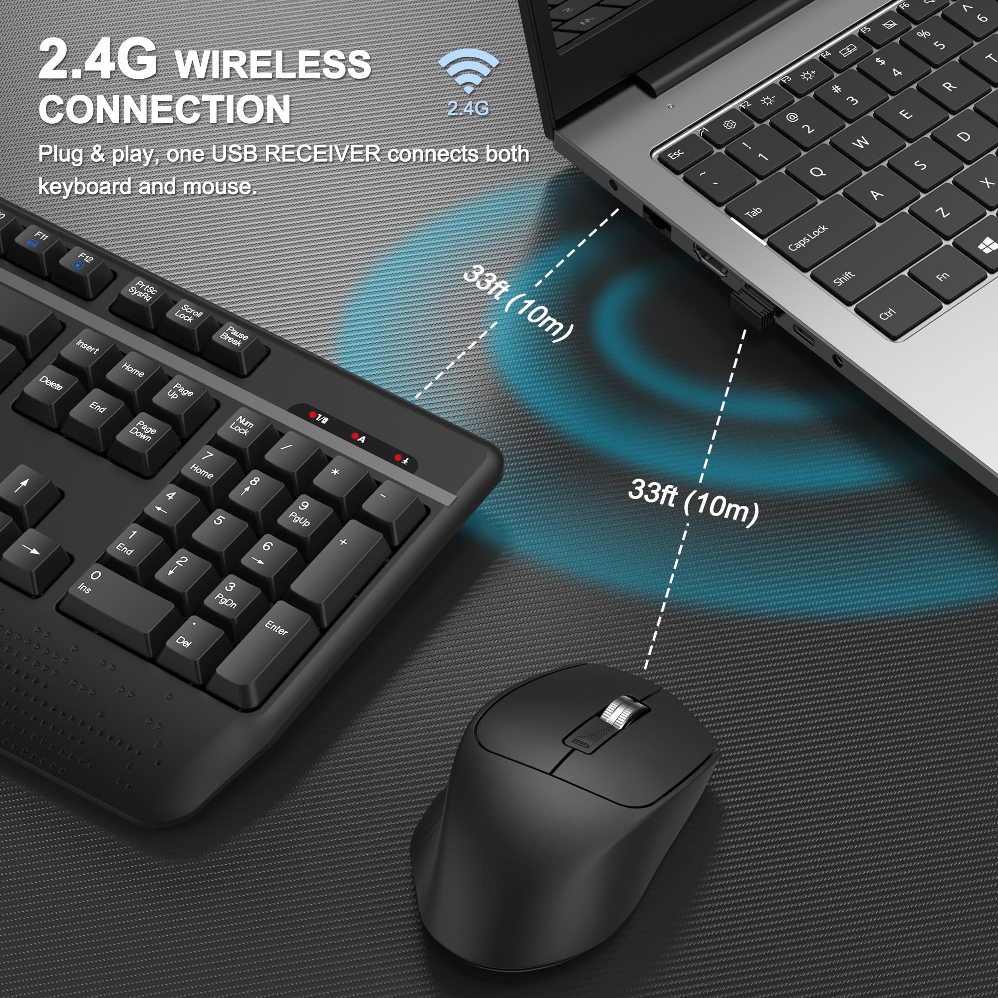 EDJO 2.4G Wireless Keyboard and Mouse Combo - Full-Sized Ergonomic Keyboard with Wrist Rest & Adjustable DPI Optical Mouse - Compatible with Windows/Mac PC Laptop - Perfect for Office Work, Gaming & Home Computing