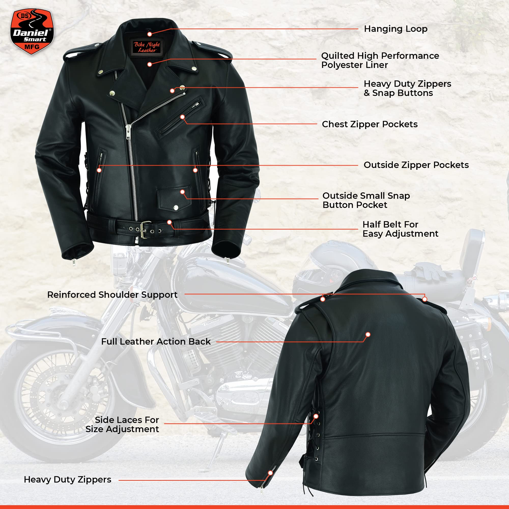 Daniel Smart Men's Motorcycle Leather Jacket - Black Biker Jacket with Concealed Armory Pocket | Durable Genuine Leather for Riding, Outdoor Adventure & Street Style Fashion