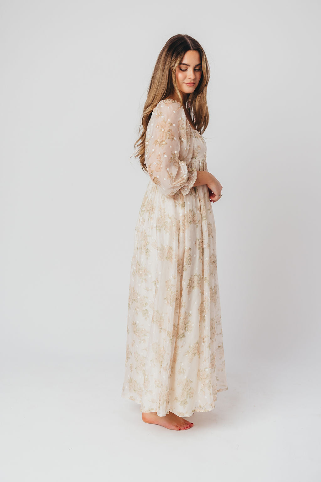 Elegant Cream Floral Smocked Maxi Dress for Women - Bump Friendly Maternity & Inclusive Sizing (S-3XL) | Perfect for Weddings, Beach Vacations & Summer Parties