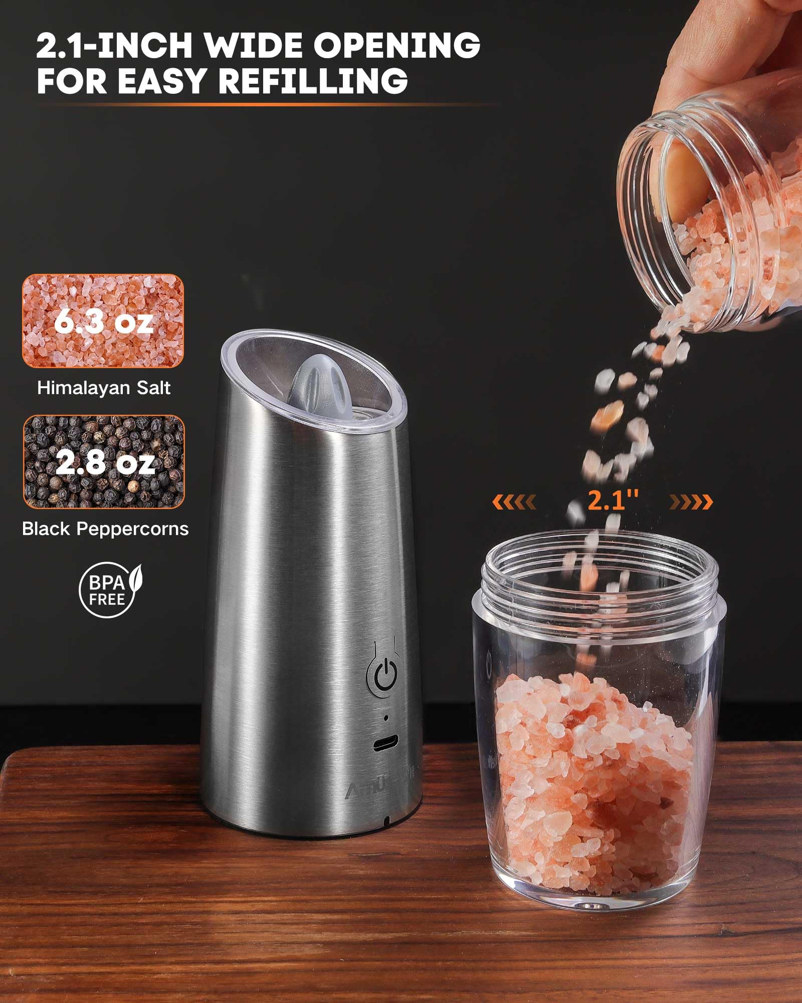 AmuseWit USB Rechargeable Electric Salt and Pepper Grinder Set - Adjustable Coarseness, One-Hand Operation, Stainless Steel Mills with White LED Light - Perfect for Kitchen, Dining Table & Outdoor BBQ