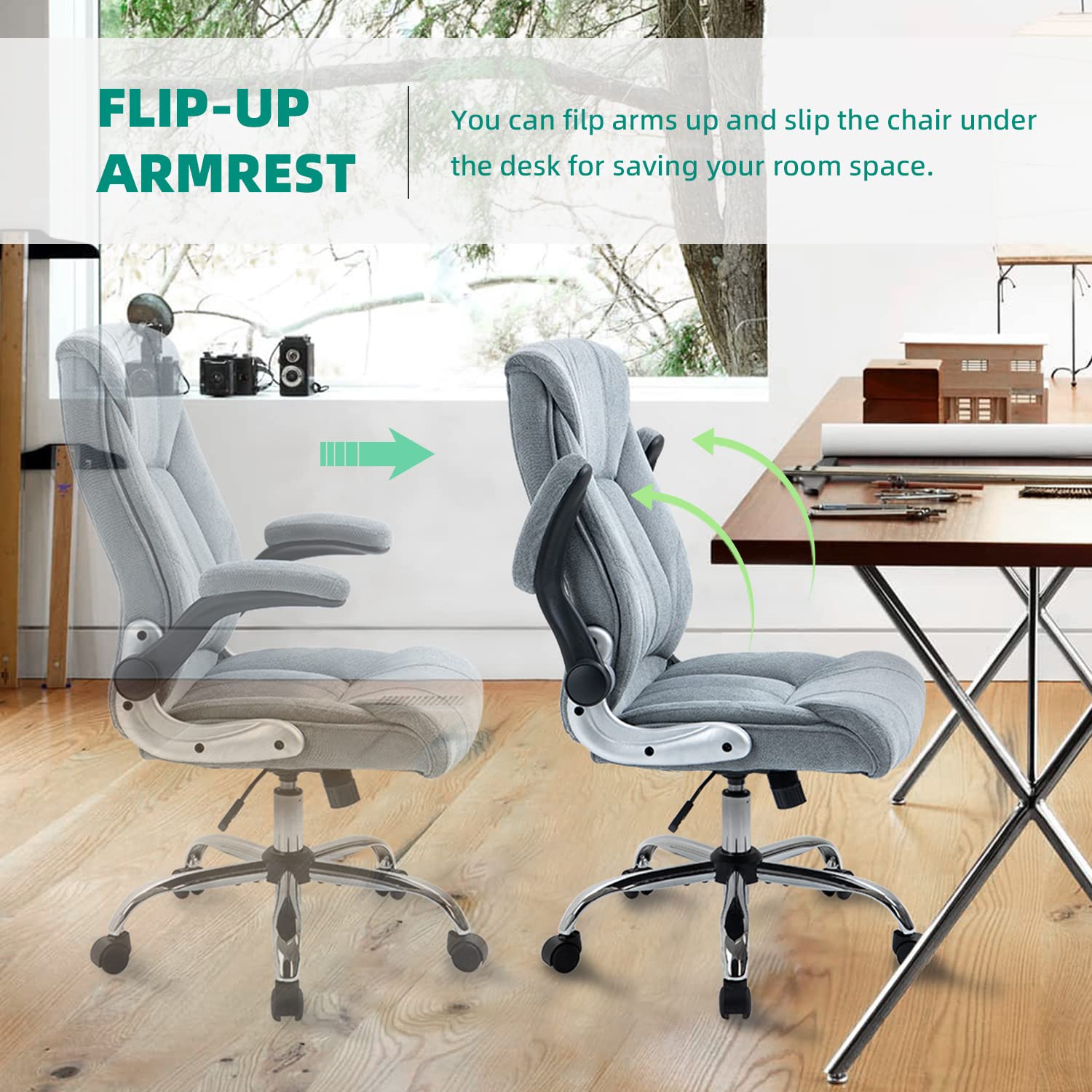 YAMASORO Ergonomic Executive Office Chair with Flip-Up Arms, Lumbar Support & Wheels - Comfortable Swivel Task Chair for Home & Office Workspace - Gray