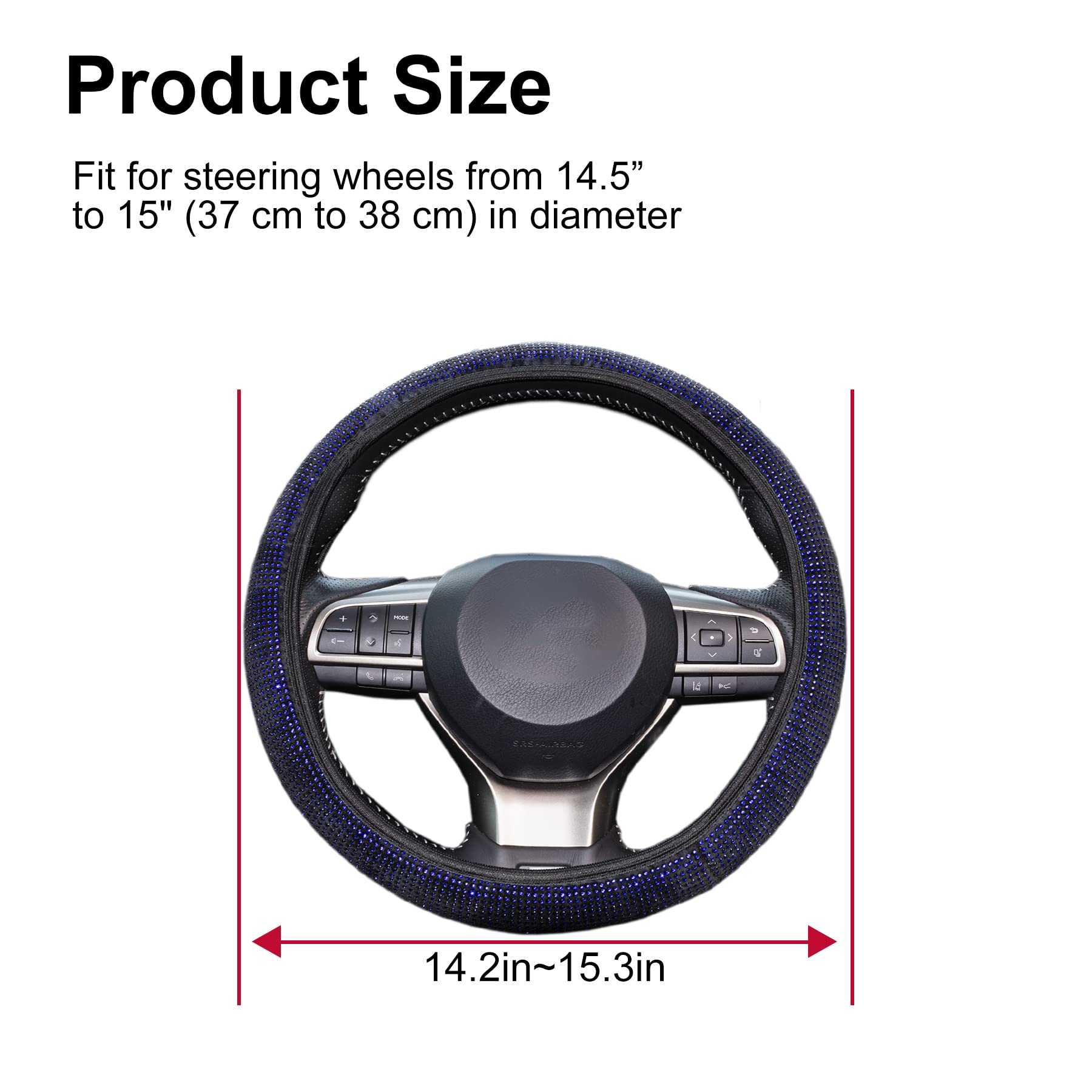 Sparkly Rhinestone Steering Wheel Cover - Stretchable Elastic, Anti-Slip & Breathable - Bling Car Accessories for Women - Perfect Gift for Her - Blue - Great for Daily Commute & Road Trips