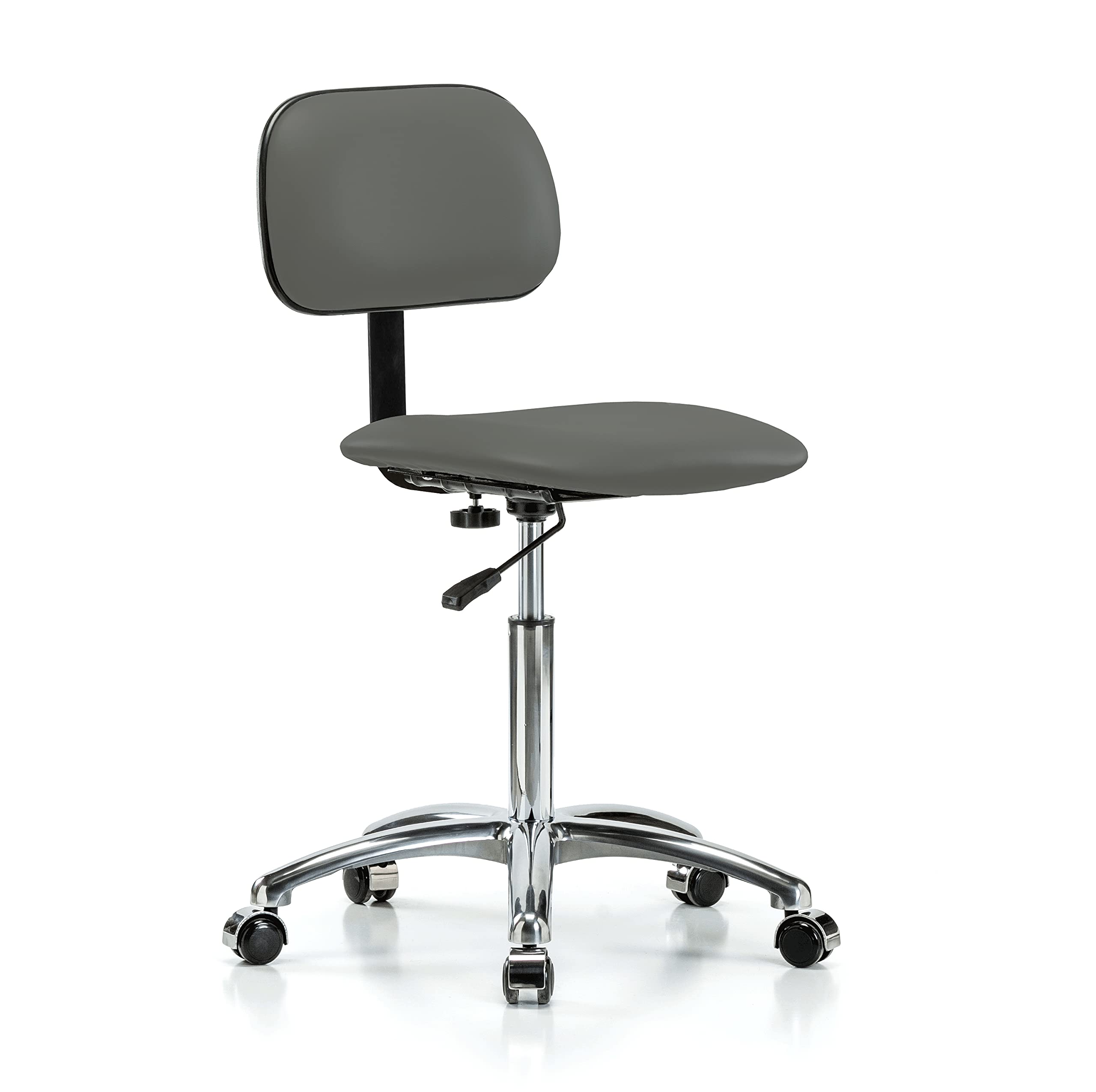 Adjustable Rolling Lab Chair with Chrome Perch Base - Ergonomic Vinyl Stool for Workbenches, Labs & Hardwood/Tile Floors - Charcoal Office Chair for Standing Desks & Industrial Workspaces