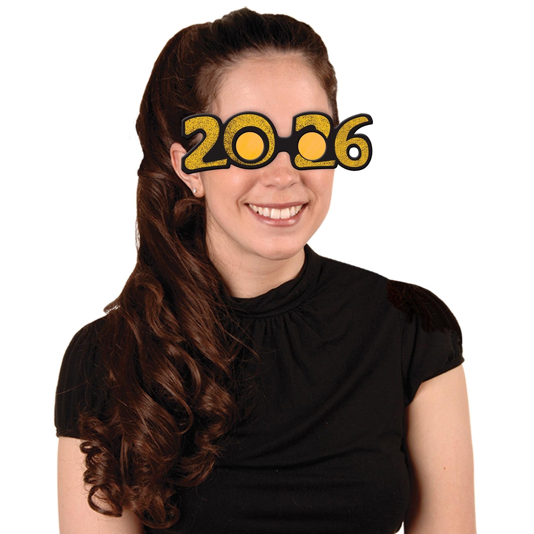 12 Pack Beistle 2026 Glittered Plastic Eyeglasses - Gold New Year Party Glasses for Celebrations, Events & Festive Occasions