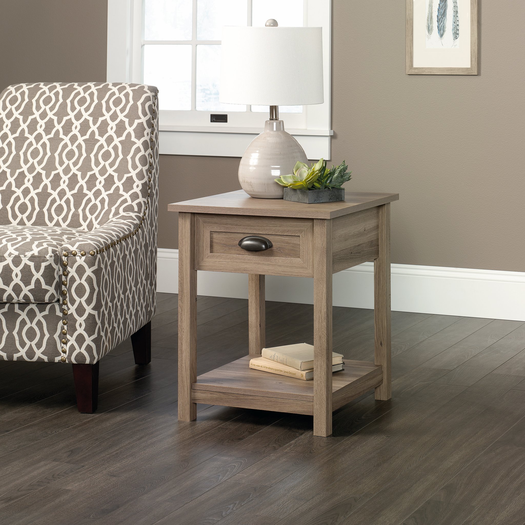 Sauder County Line Side Table Night Stand with Salt Oak Finish - Bedside End Table for Bedroom, Living Room & Office